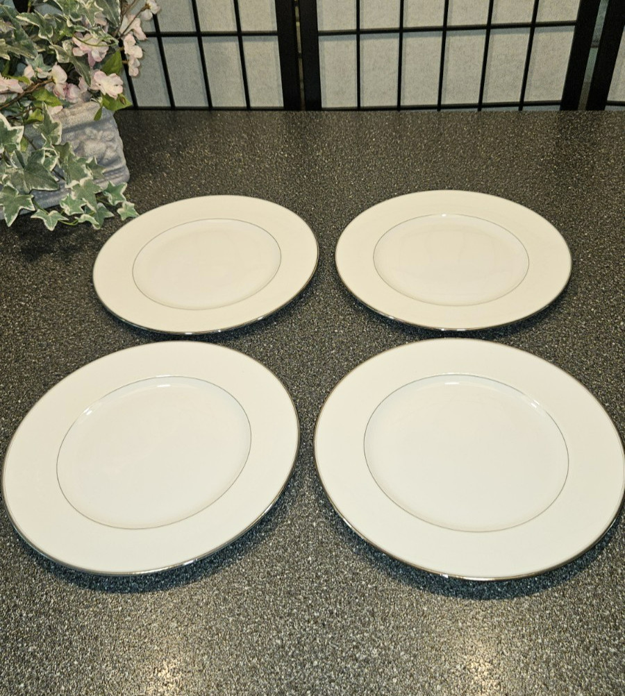 WATERFORD LISMORE Platinum China Set of 4 Dinner Plates 10.75″ – ELEGANT