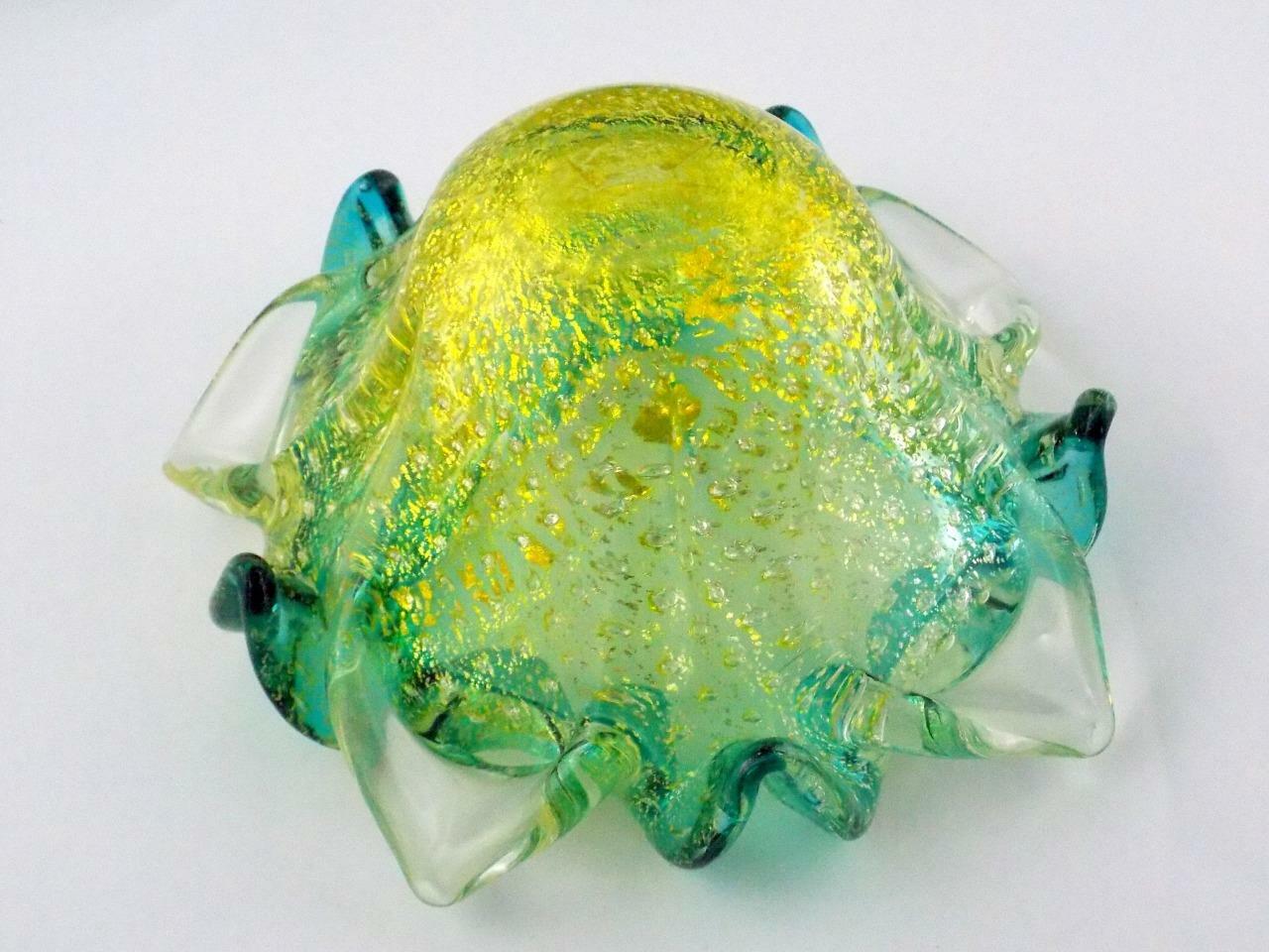 Italian Art Glass Polished Base Controlled Bubble Flower Bowl Green Blue V GOOD