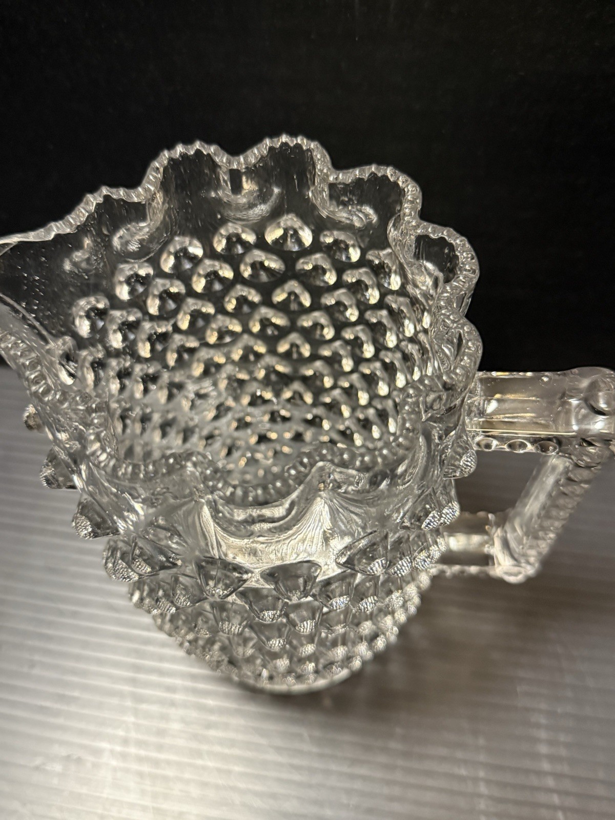 Vintage Hobnail Clear Pitcher Crimped Rim 7.75 In H