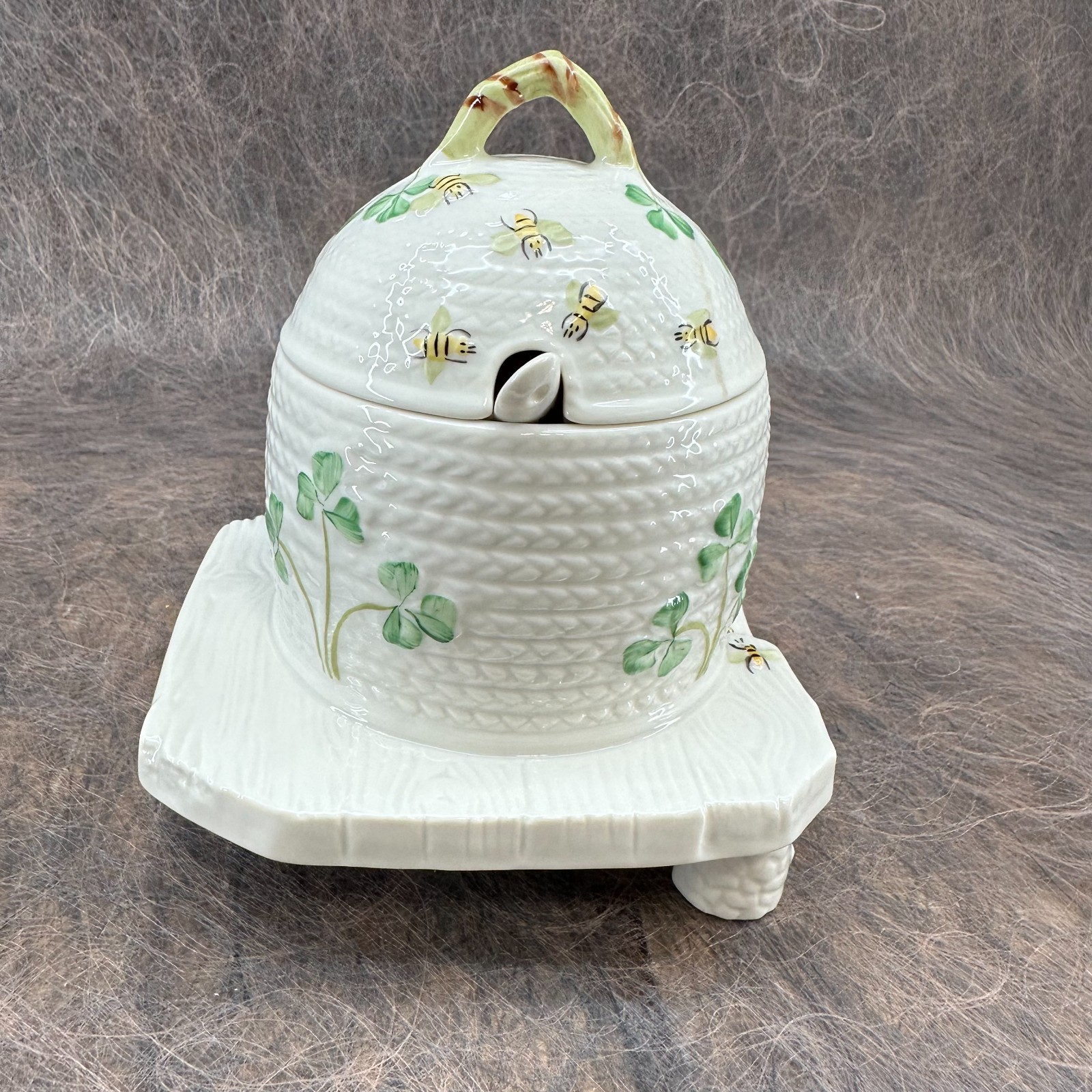 Belleek Honey Pot Jar with Spoon; Basketweave, Shamrocks, Bees