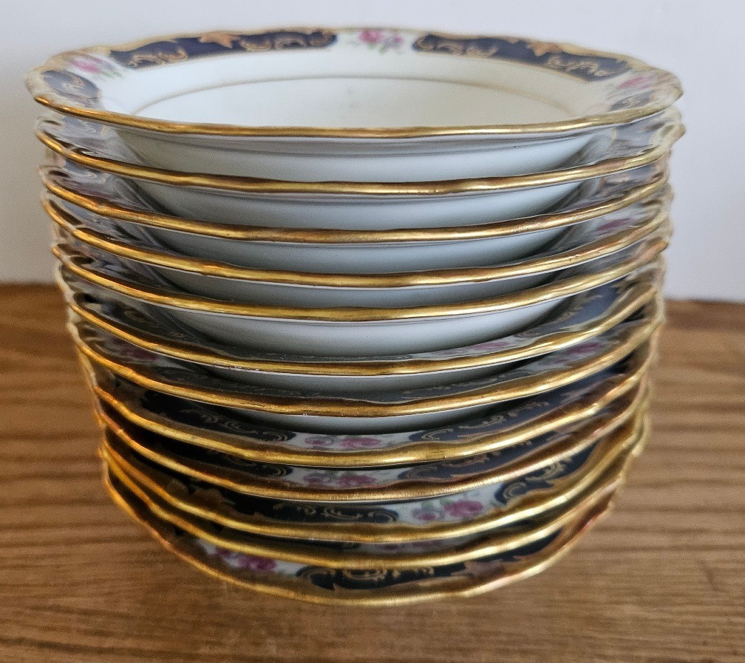 Reichenbach china kobalt gold painted flowers Set 12 Berry Bowls Echt Kobalt