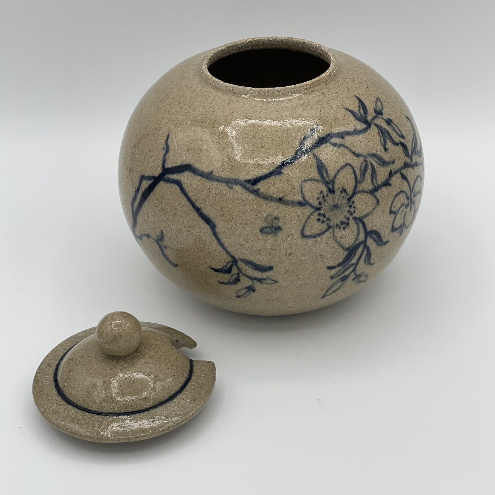 Art Pottery Earthenware – Honey Jar with Blue Flower Design and Bees