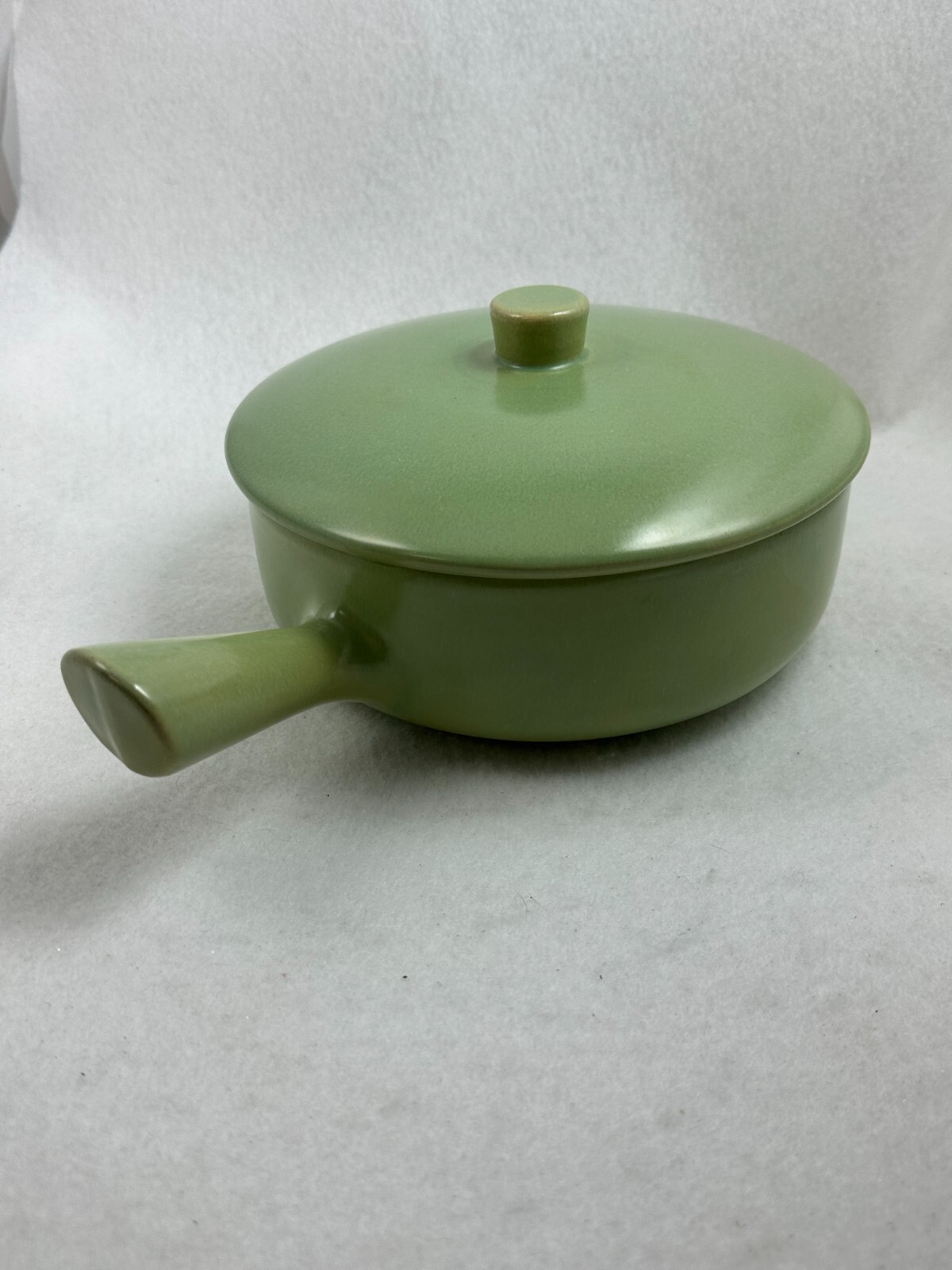 Vtg Ceramic Stoneware Pot w Lid & Handle Sage Green La Solana 7.5″ W 2.5″ Deep