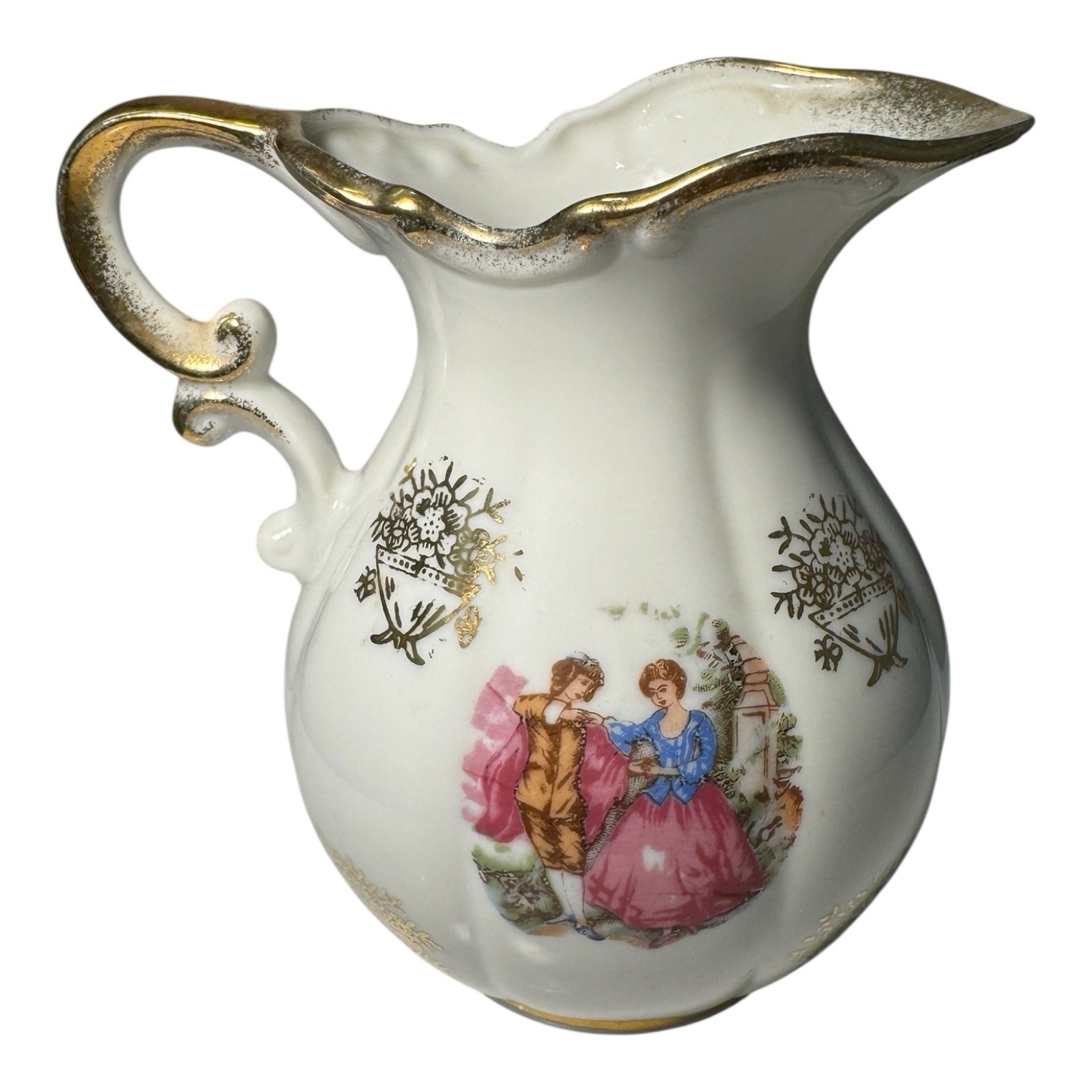 Vintage Japan Creamer and Saucer Courting Couple Victorian Scene Gold Gilt