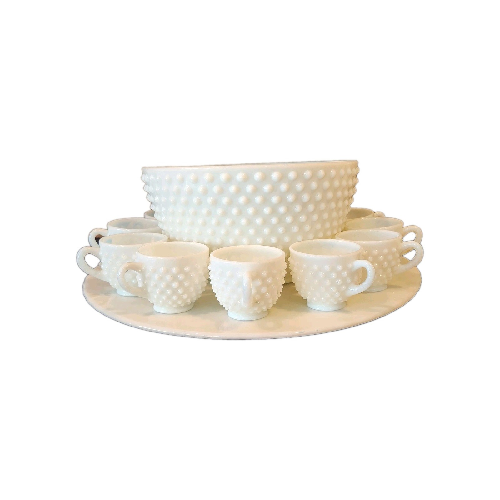 Vintage Fenton Hobnail Milk Glass Punch Bowl Set 9 Cups~