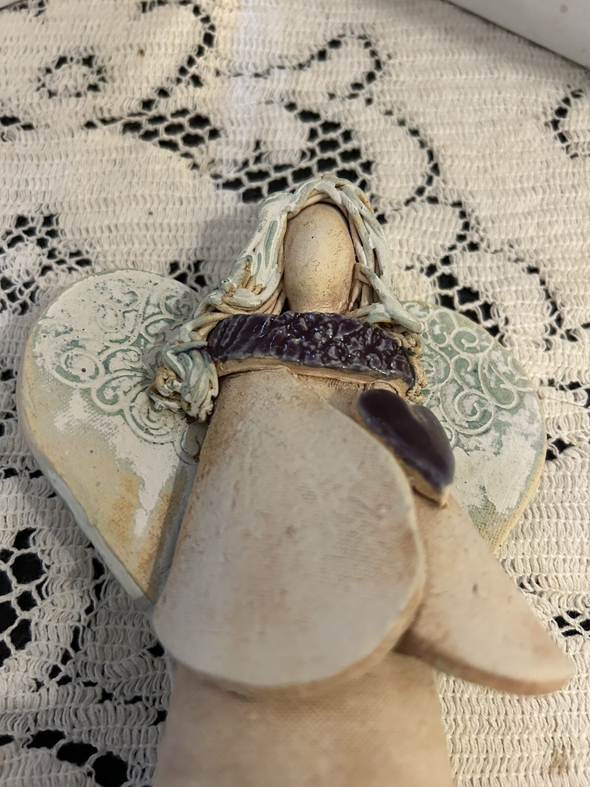 Pottery angel holding heart studio signed Olivia D Dowdy rustic North Carolina