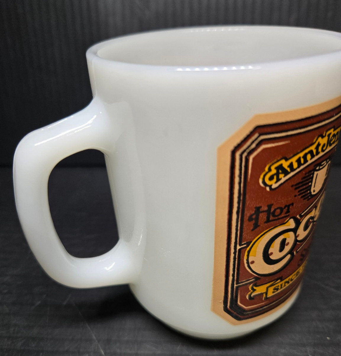 Set of 3 Vintage 1980s Anchor Hocking Aunt Jenny’s Cocoa & Tea Milk Glass Mugs