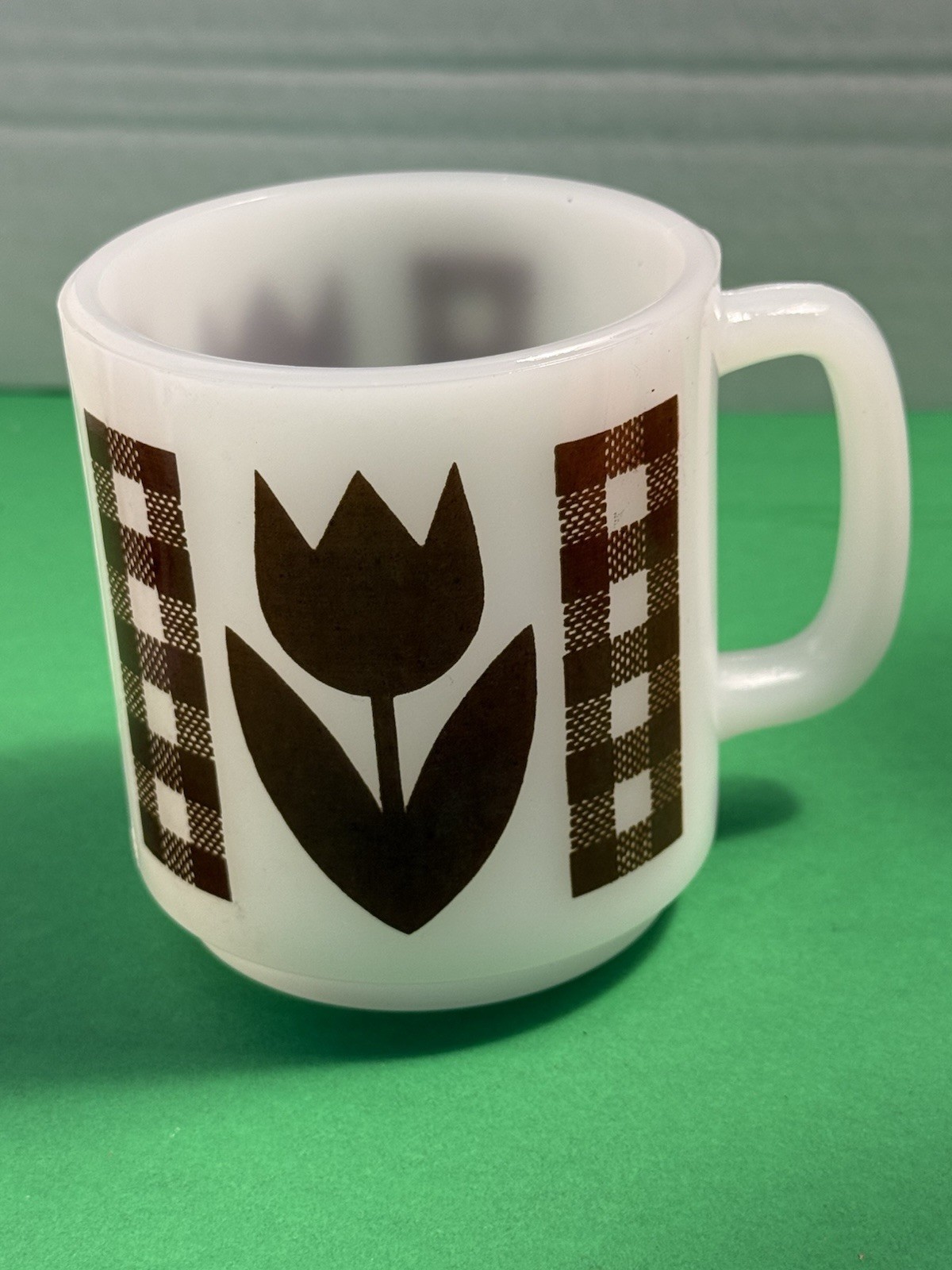 Vintage Glasbake Brown Tulip & Gingham Coffee Cup Mug 2 available 9-10 oz