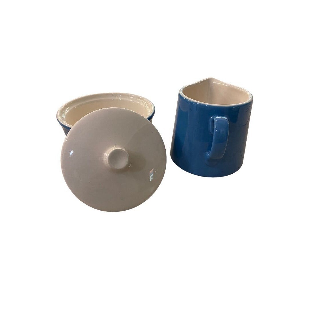 Blue White Ceramic Creamer and Lidded Sugar Bowl Midcentury Style