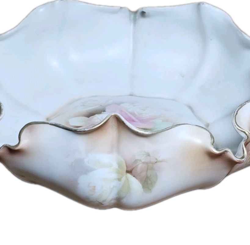 Antique RS Prussia Pink Rose 9″ Blown Out Bowl Exterior Painted Floral Gold