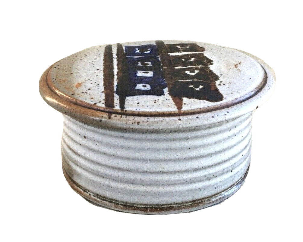 Vintage Hand Decorated Gray, Blue & Brown Covered Dish with Lid, Signed “K”