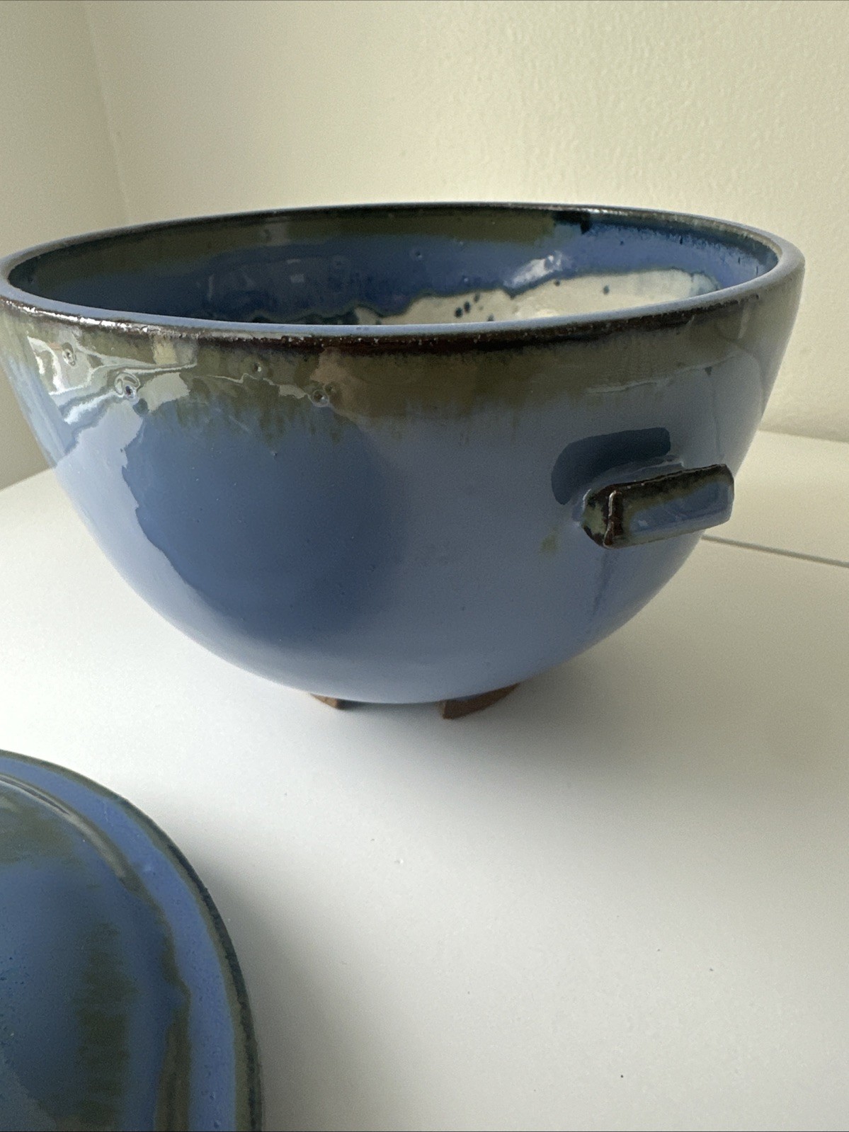 Vintage Studio Pottery Covered Bowl Blue Glaze Handmade Ceramic Dish