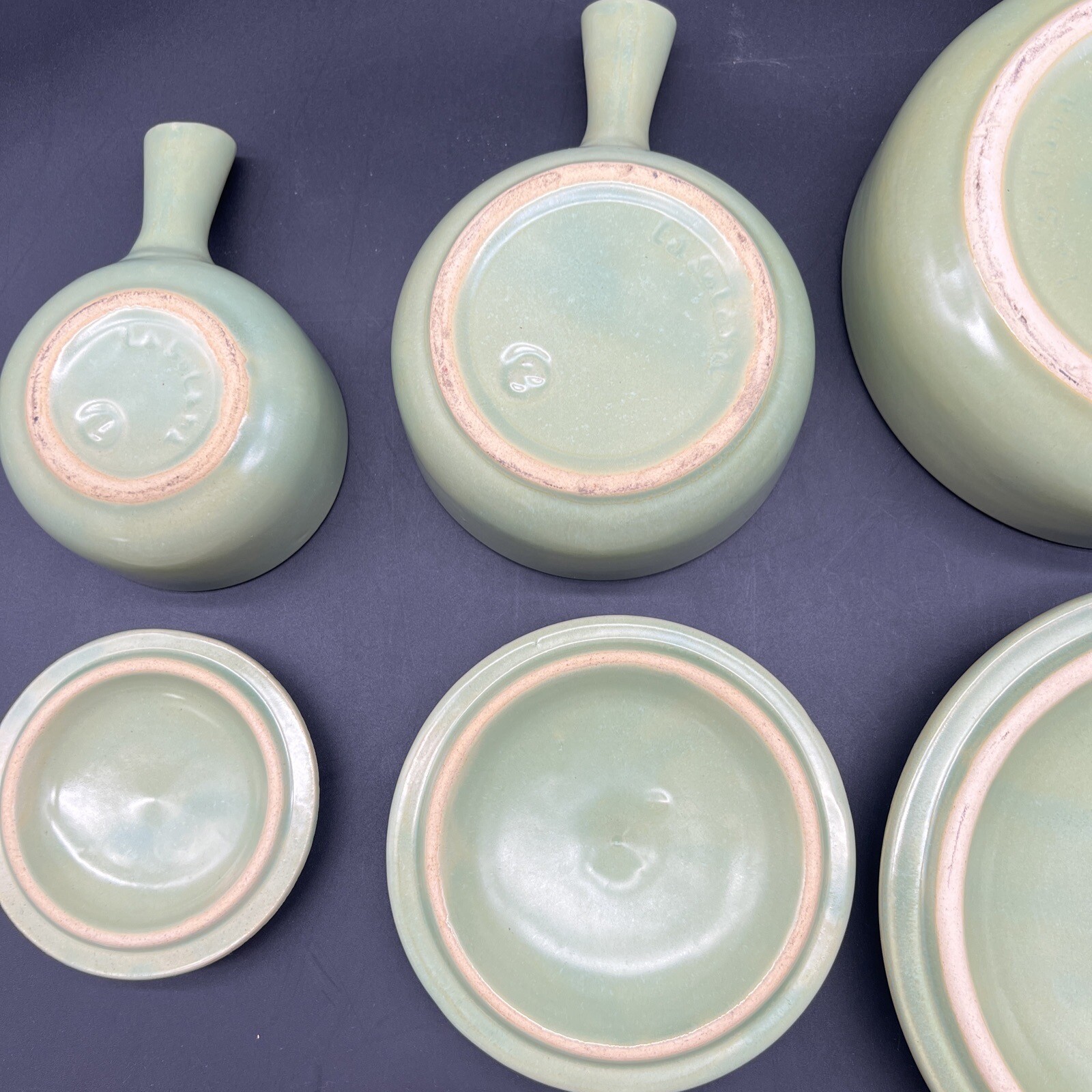 Vtg MCM La Solana Pottery Mint Green Set Of 3 Round Casserole Bowls Pots Lids