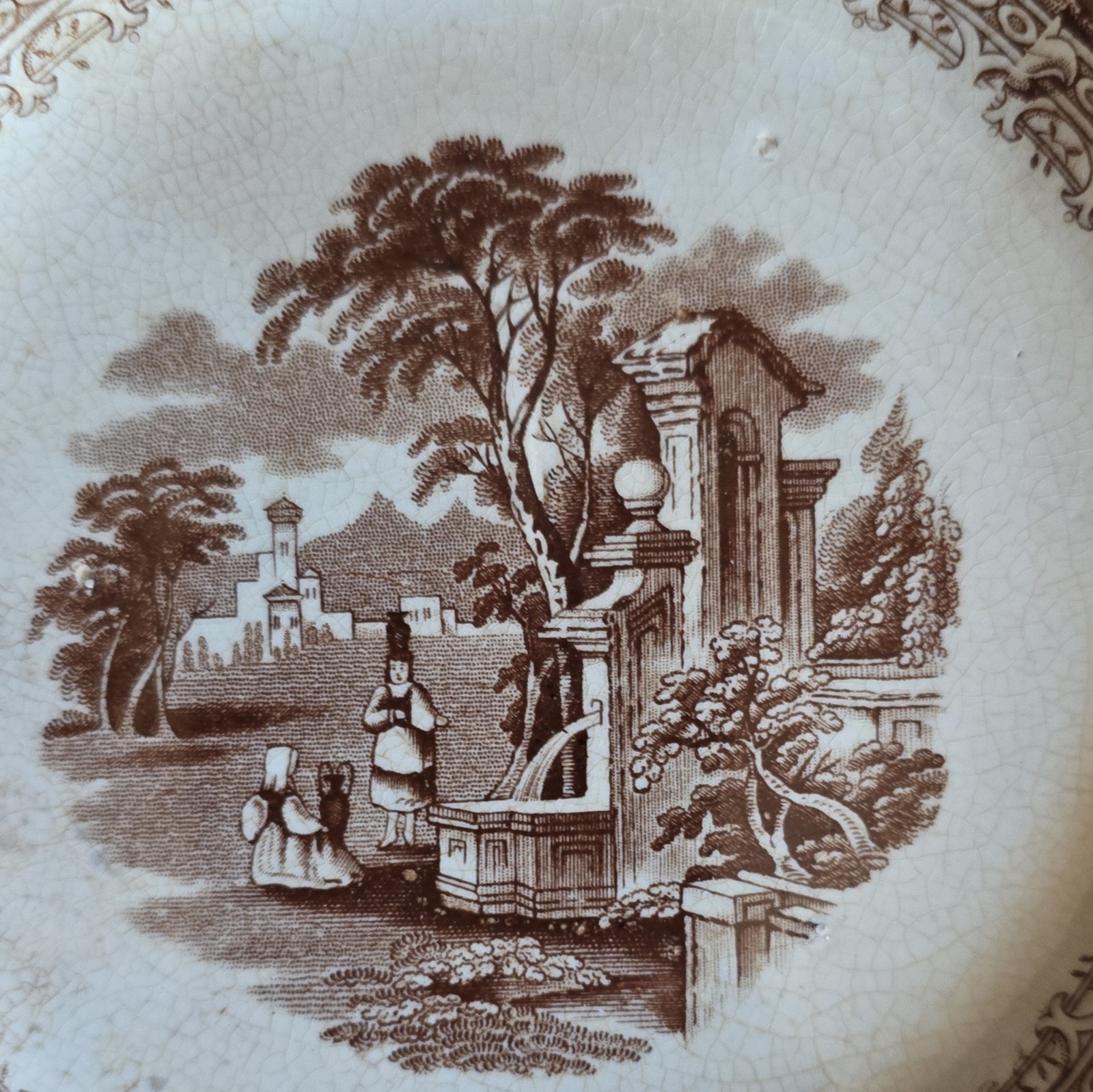 Antique Old Hall 1860s England Brown Transferware Plate – Rare Victorian ITALY