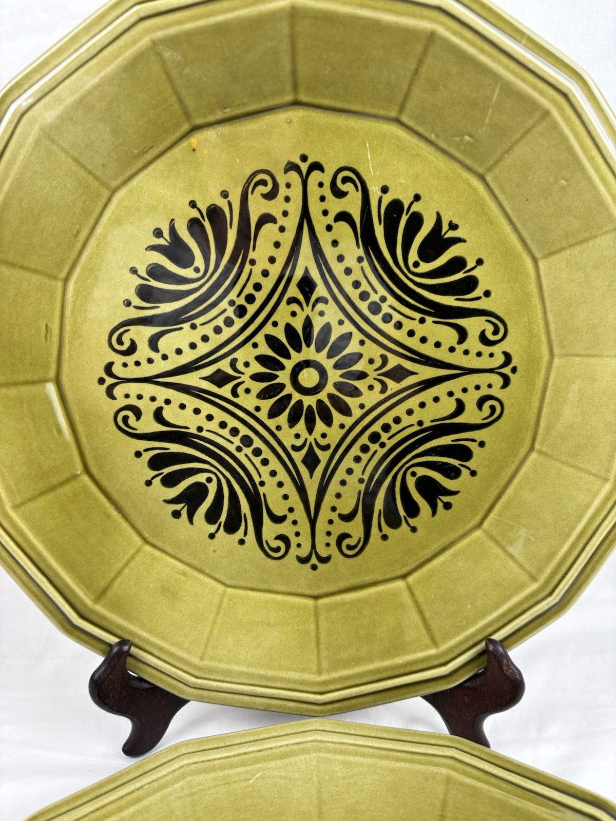 VTG RARE (4) Laughlin Bravado Olive Green Dover Ironstone 12″ Chop Dinner Plates