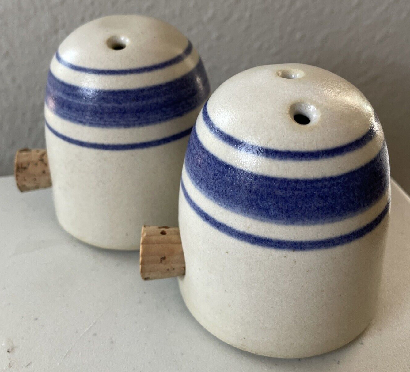 Handmade Pottery Salt & Pepper Dome Shakers Blue Beige Signed Corked Cottagecore