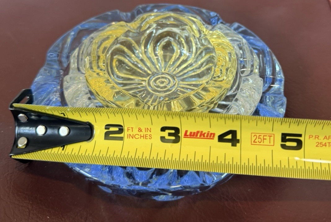Set of 3 ashtrays Glass Bowls Blue Clear Yellow Pattern 5in Round