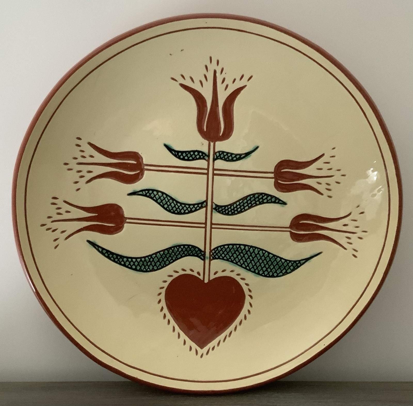 Handworks Martindale 1988 Redware Folk Art Pottery Tulip Heart Plate Signed