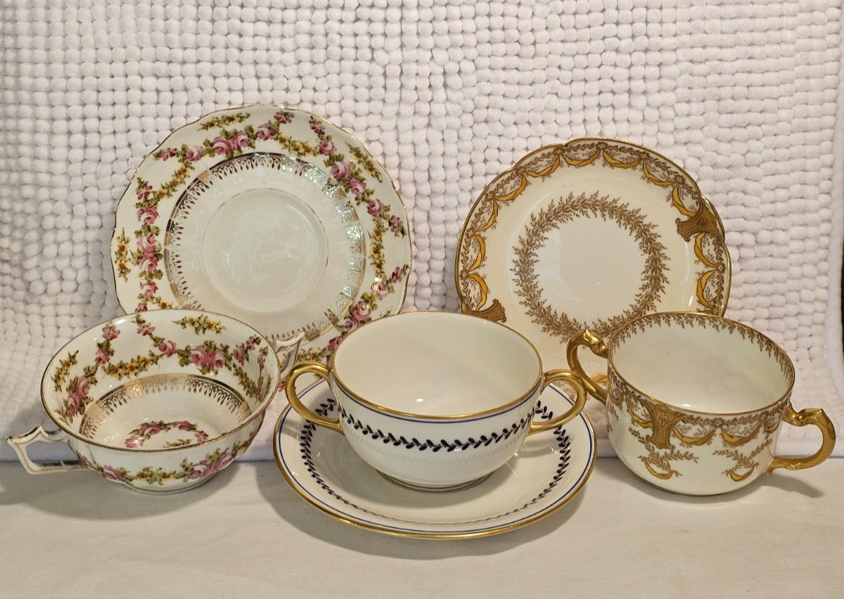 Bouillon cups w/ saucers, set of three, vintage china, Haviland, Vignaud, Saxe