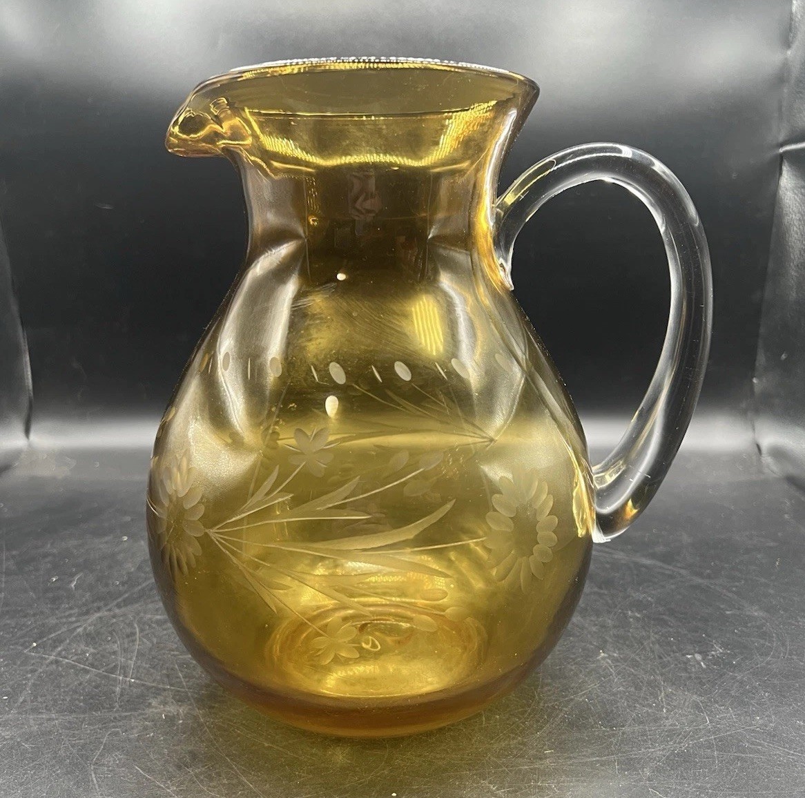 Pitcher Hand Blown Etched Glass Amber Applied Handle MCM 9.5” Vintage