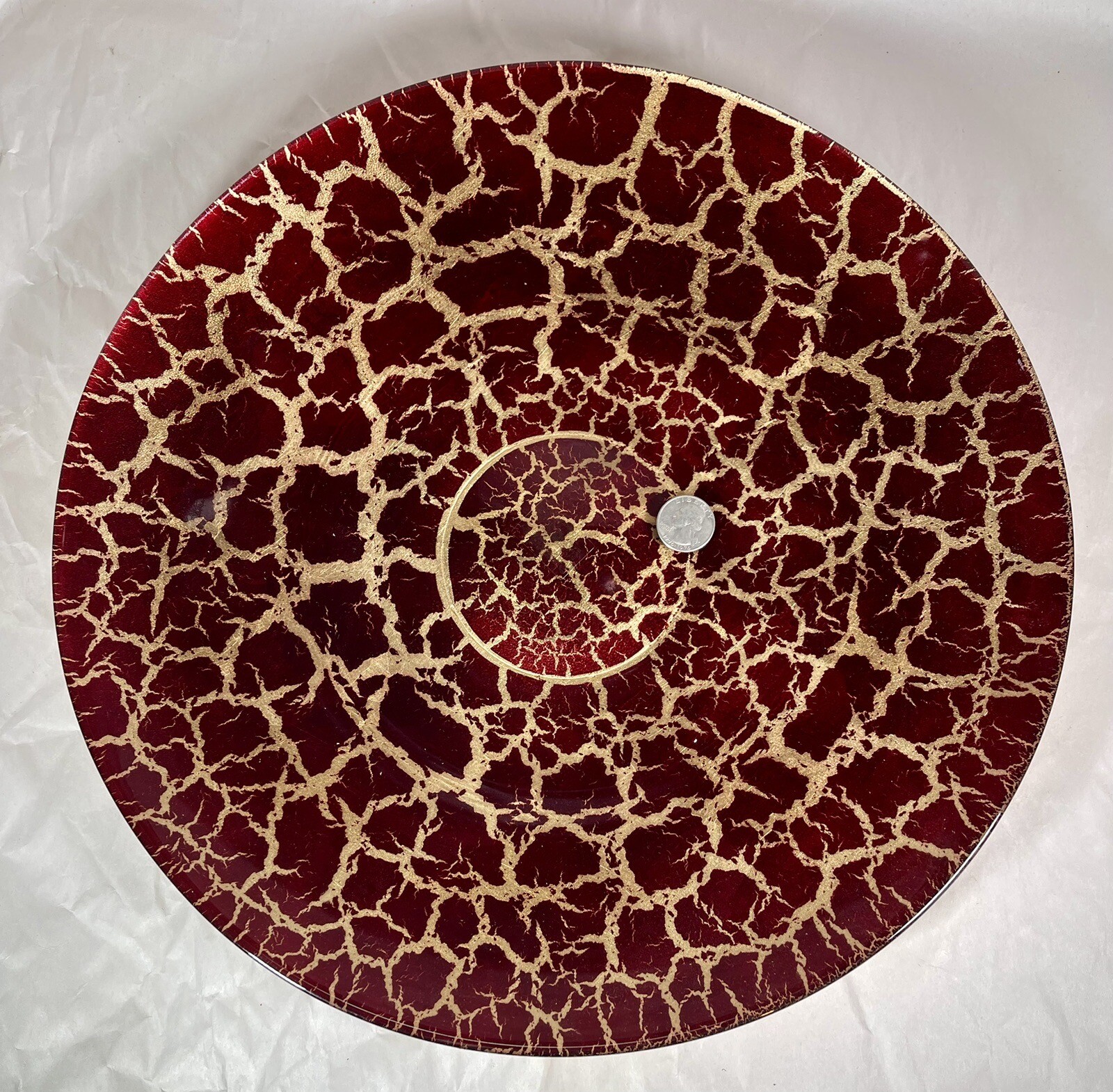 15″ Red Glass Serving Plate Red with Gold Foil Round Fantasia Collection ITALY