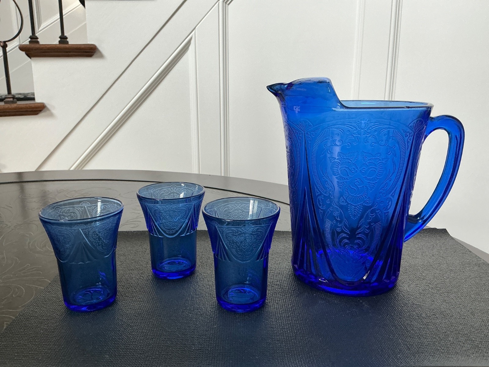 Rare vintage Hazel-Atlas Royal Lace cobalt blue pitcher 68 oz and glasses