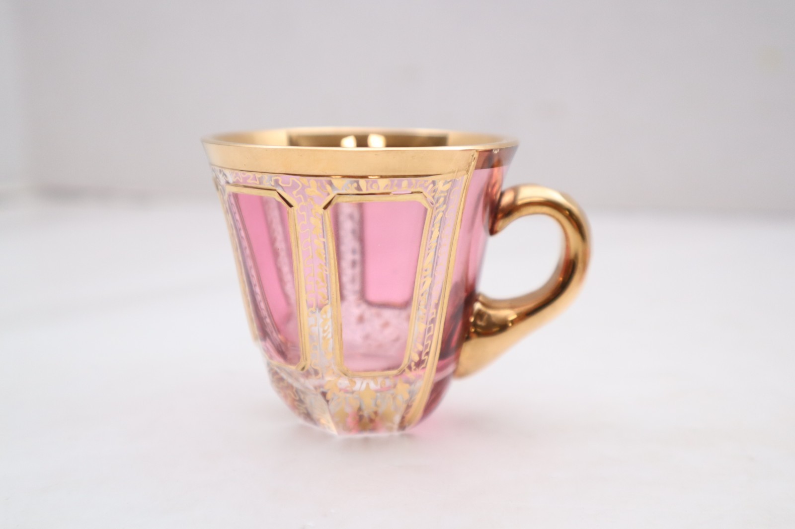Moser Bohemian Cabochon Pink & Gold Floral Demitasse Espresso Tea Cup & Saucer