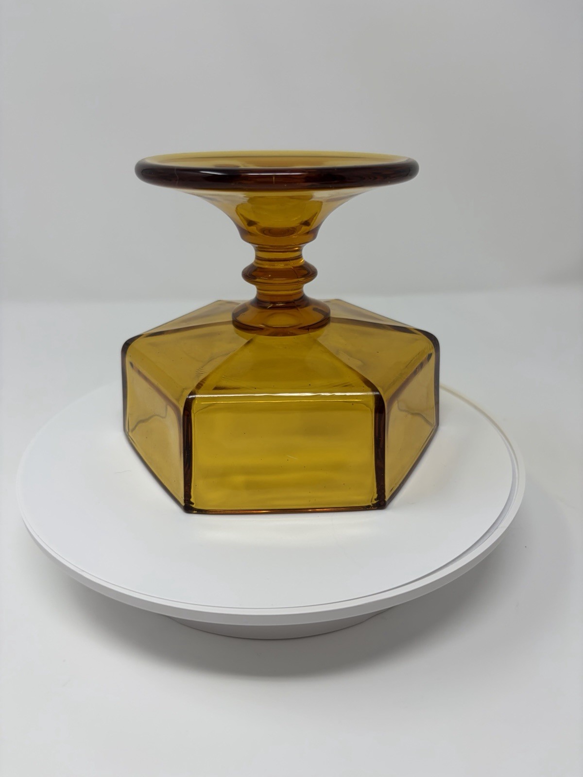Vintage Amber Hexagon Covered Candy Dish Pedestal Compote Etched Glass MCM