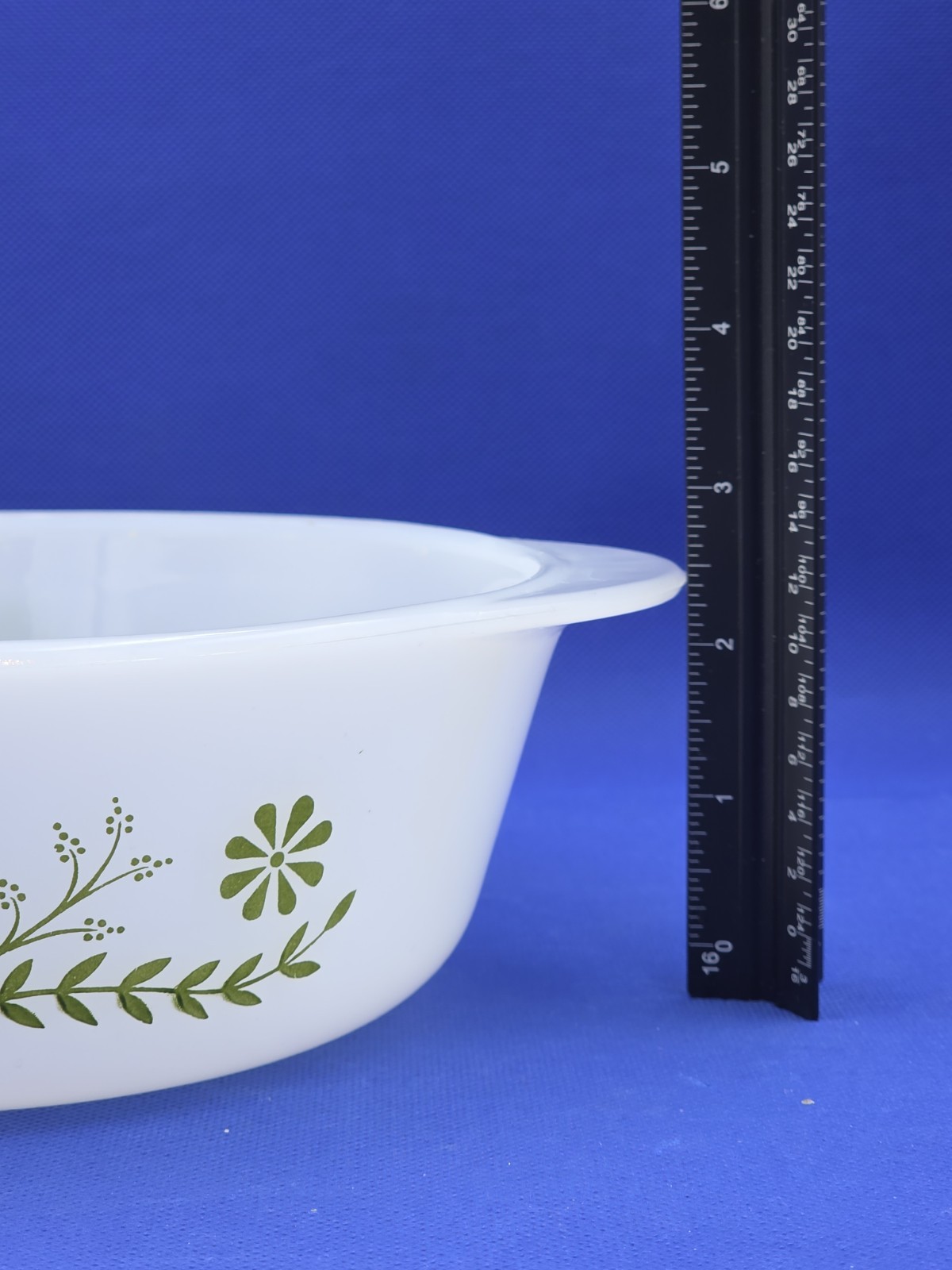 Glasbake Vintage MCM Milk Glass Oven Safe Casserole Dish Green Crazy Daisy