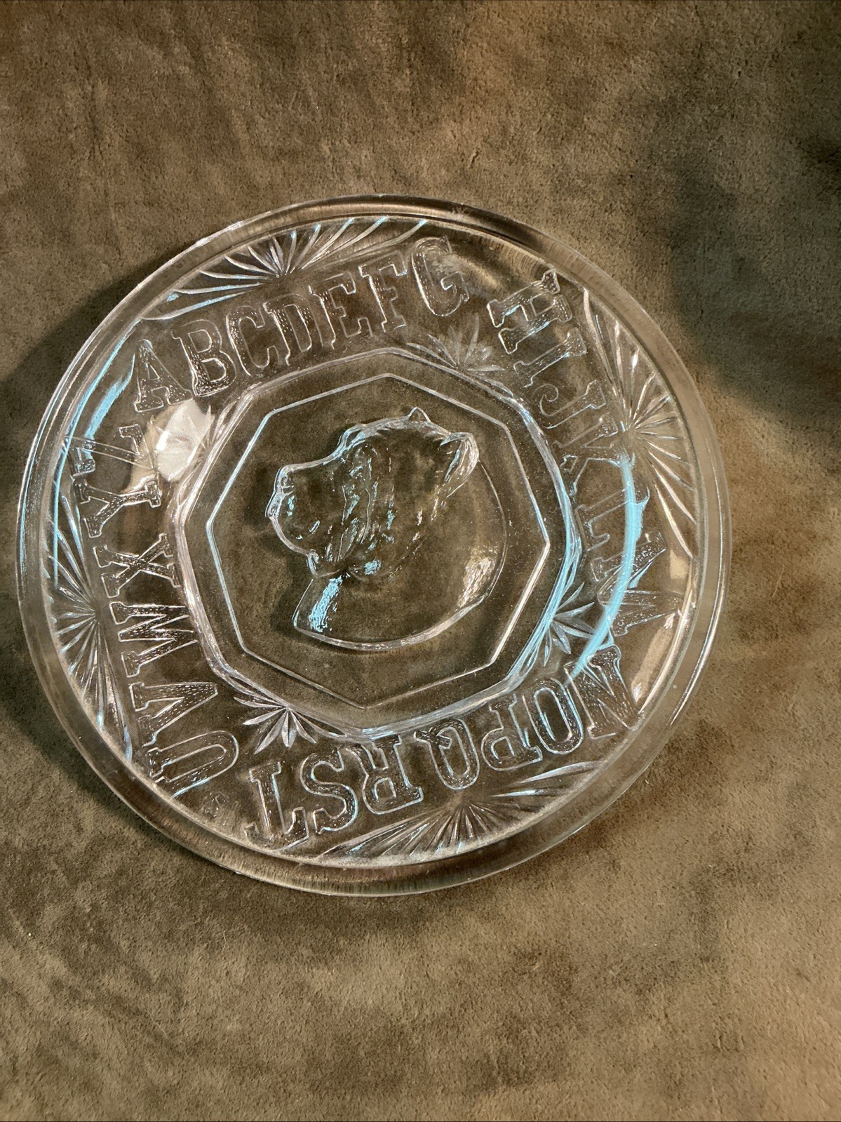 Bryce Higbee and Co. Rovers ABC plate 1880s pattern glass child’s dog plate