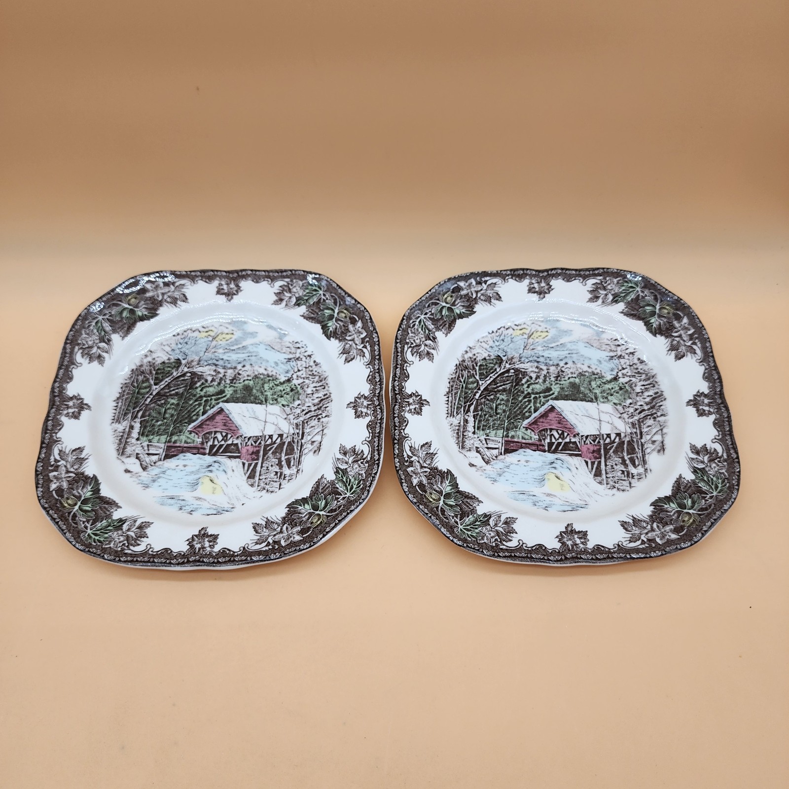 2 Johnson Brothers Friendly Village Covered Bridge Square Salad Plates-7.1/2″