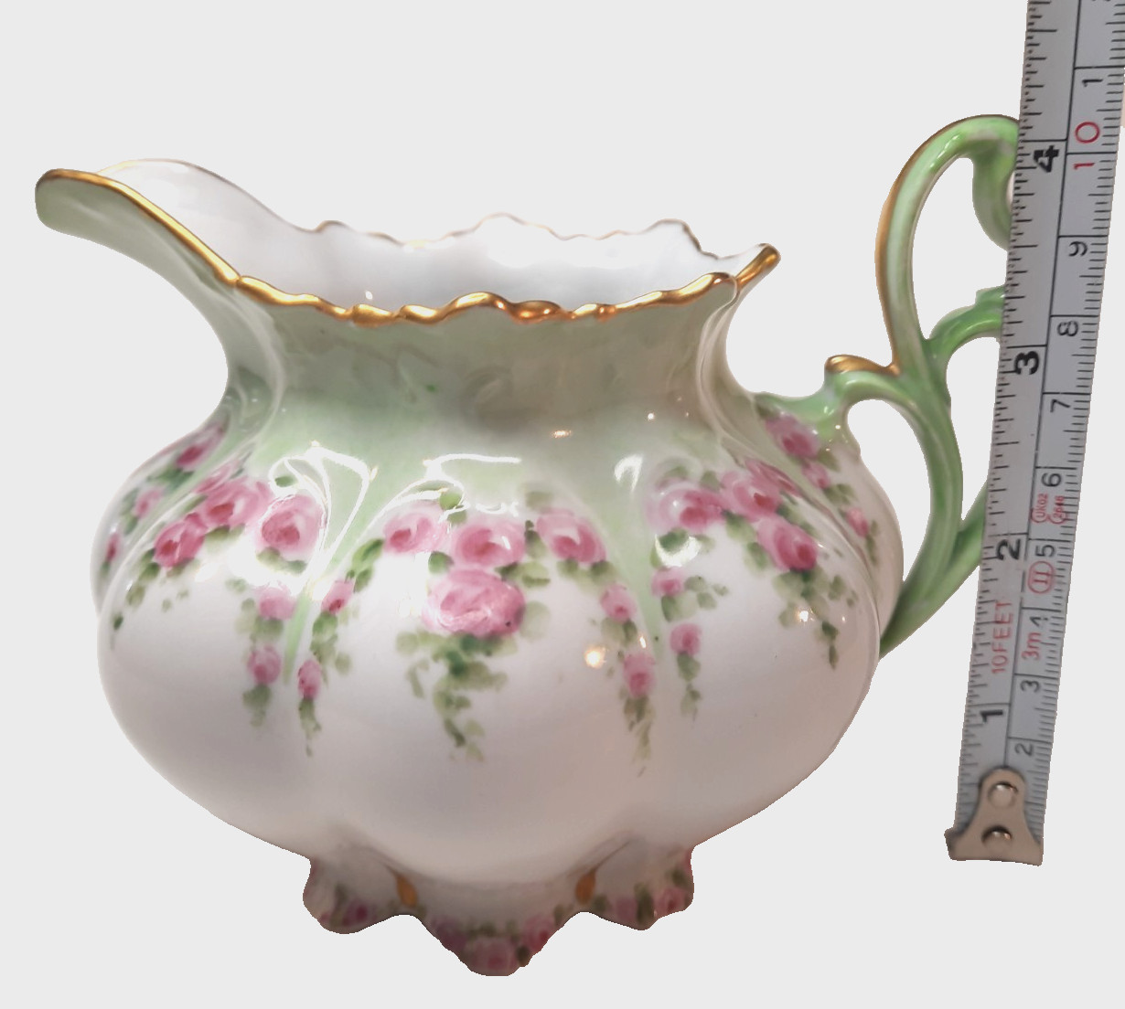 Antique-MZ Austria-Porcelain Creamer Pitcher-933-Pink Rose Garland-Art Nouveau
