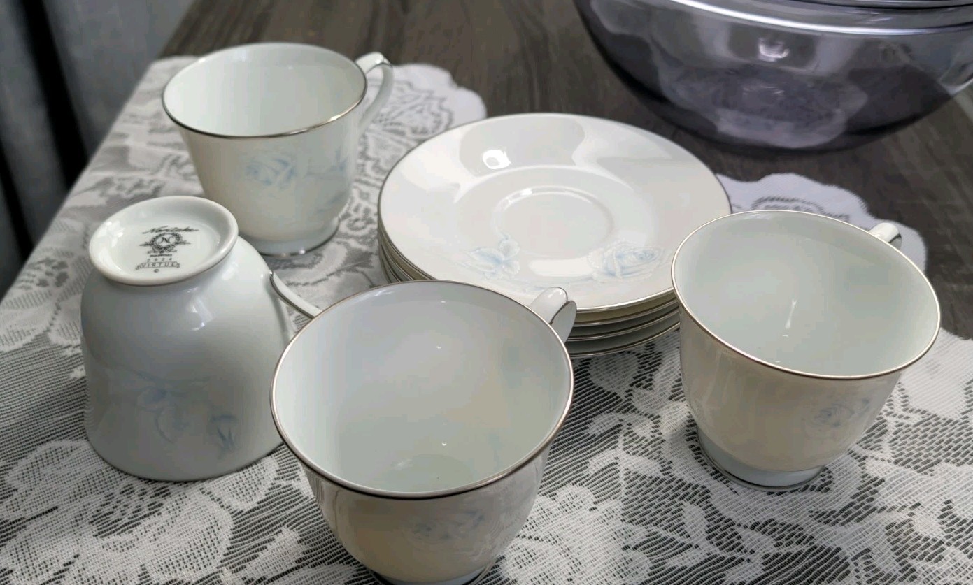 Noritake Virtue Tea Cup and Saucer Platinum Trim White & Blue Japan 2934 Vintage
