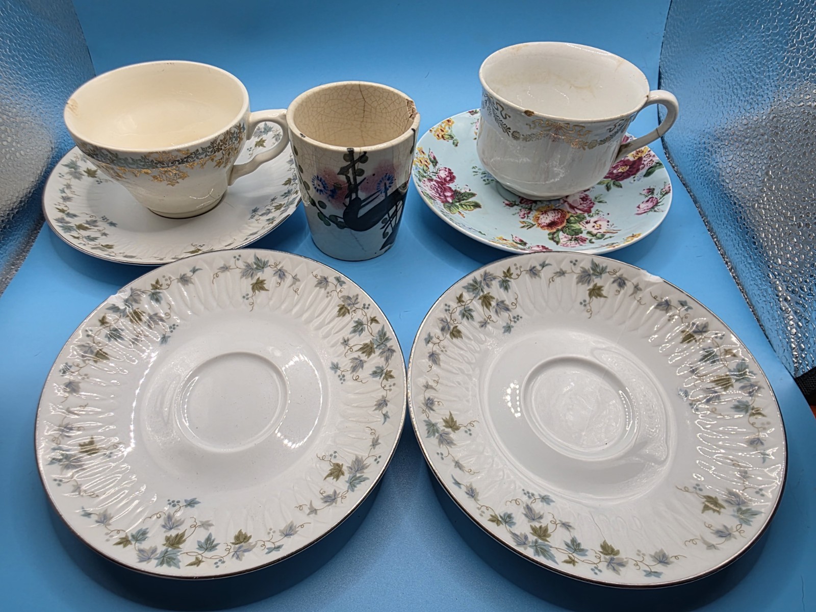 Chipped Mixed Lot Of 7 China Cups And Saucers For Crafting, Mosaics, and jewlery