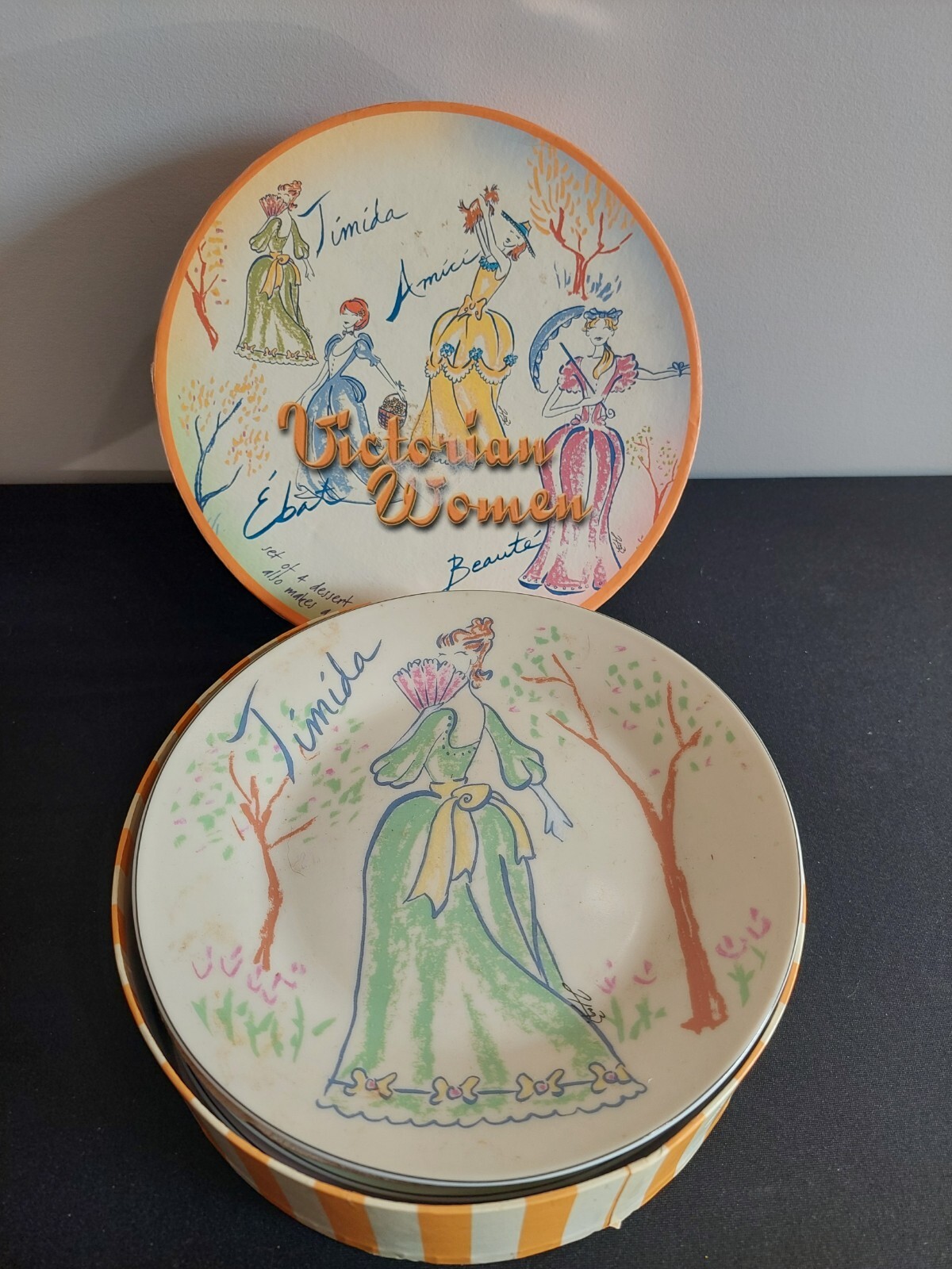 Godinger Victorian Ladies Dress Dessert Plates Pastel Spring Set 4 Woman In Box