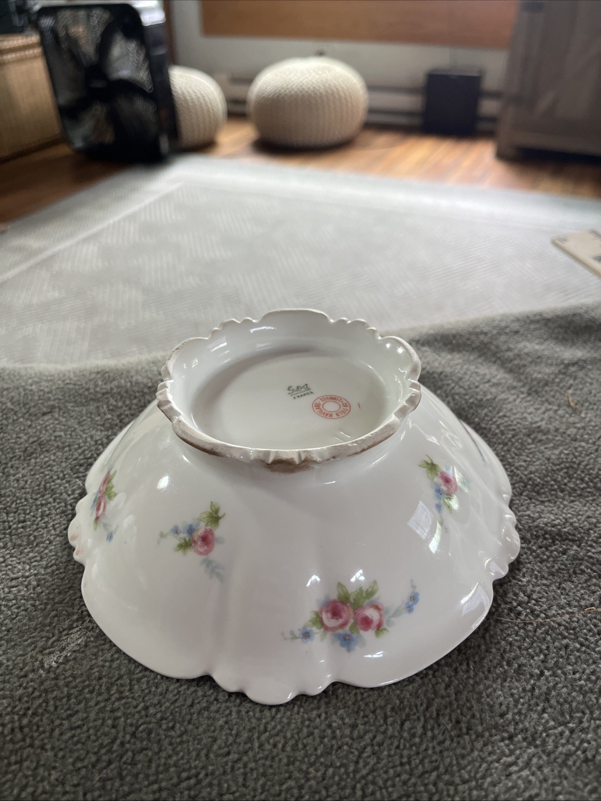 Haviland Limoges France Scalloped Footed Bowl Pink Roses Gold 6”