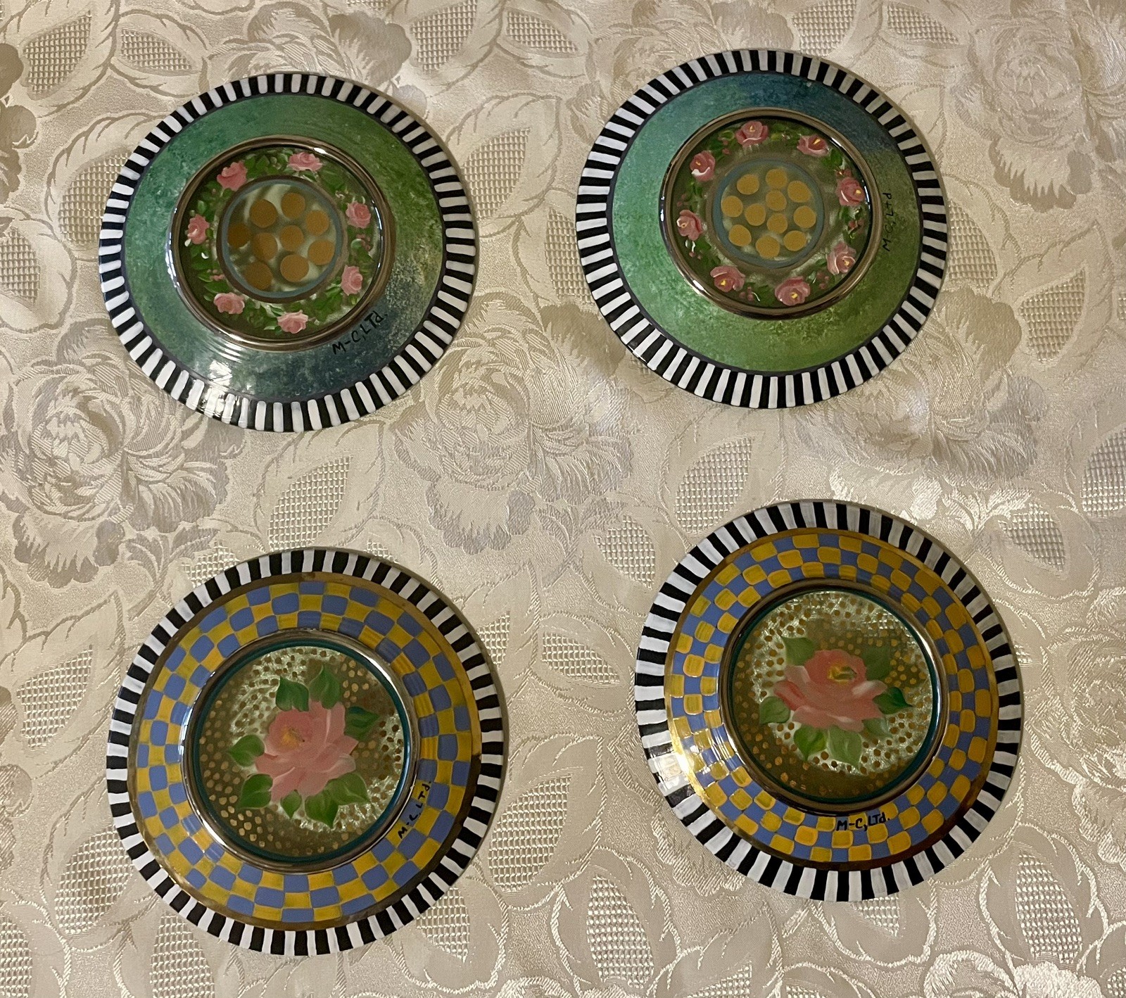 Rare Early MacKenzie-Childs Glass Dessert Plates Rose Garland & Full Bloom. Mint
