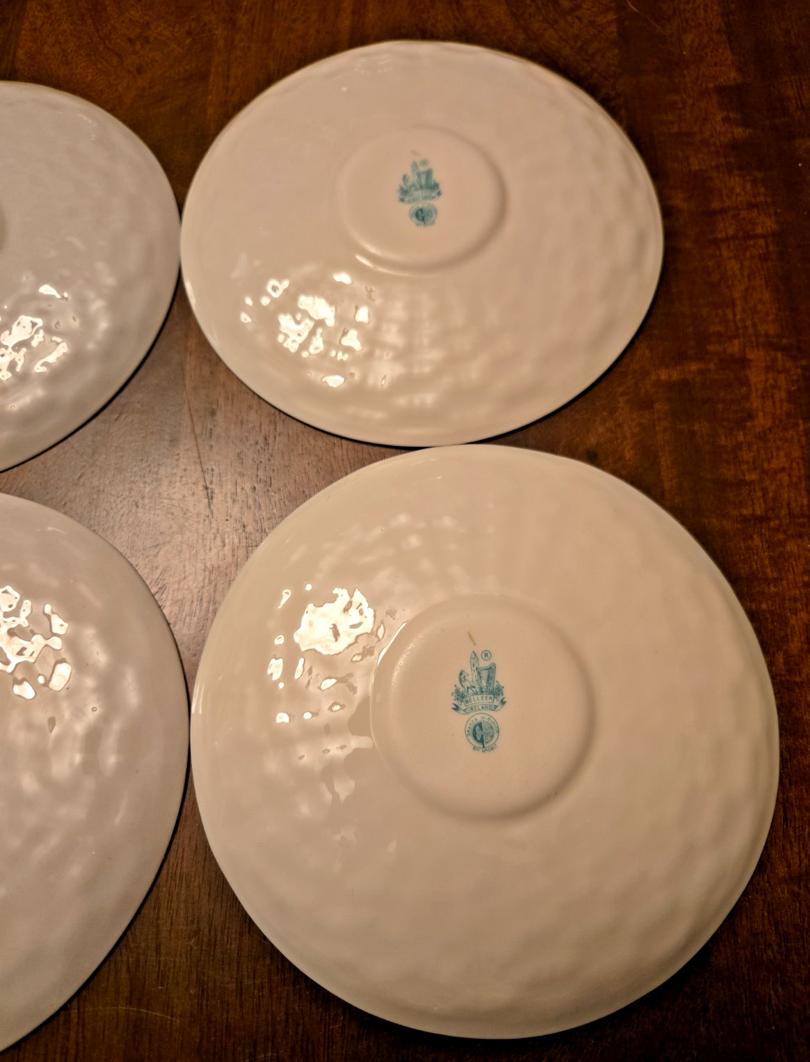 Belleek Basketweave Shamrock Saucers set of 4