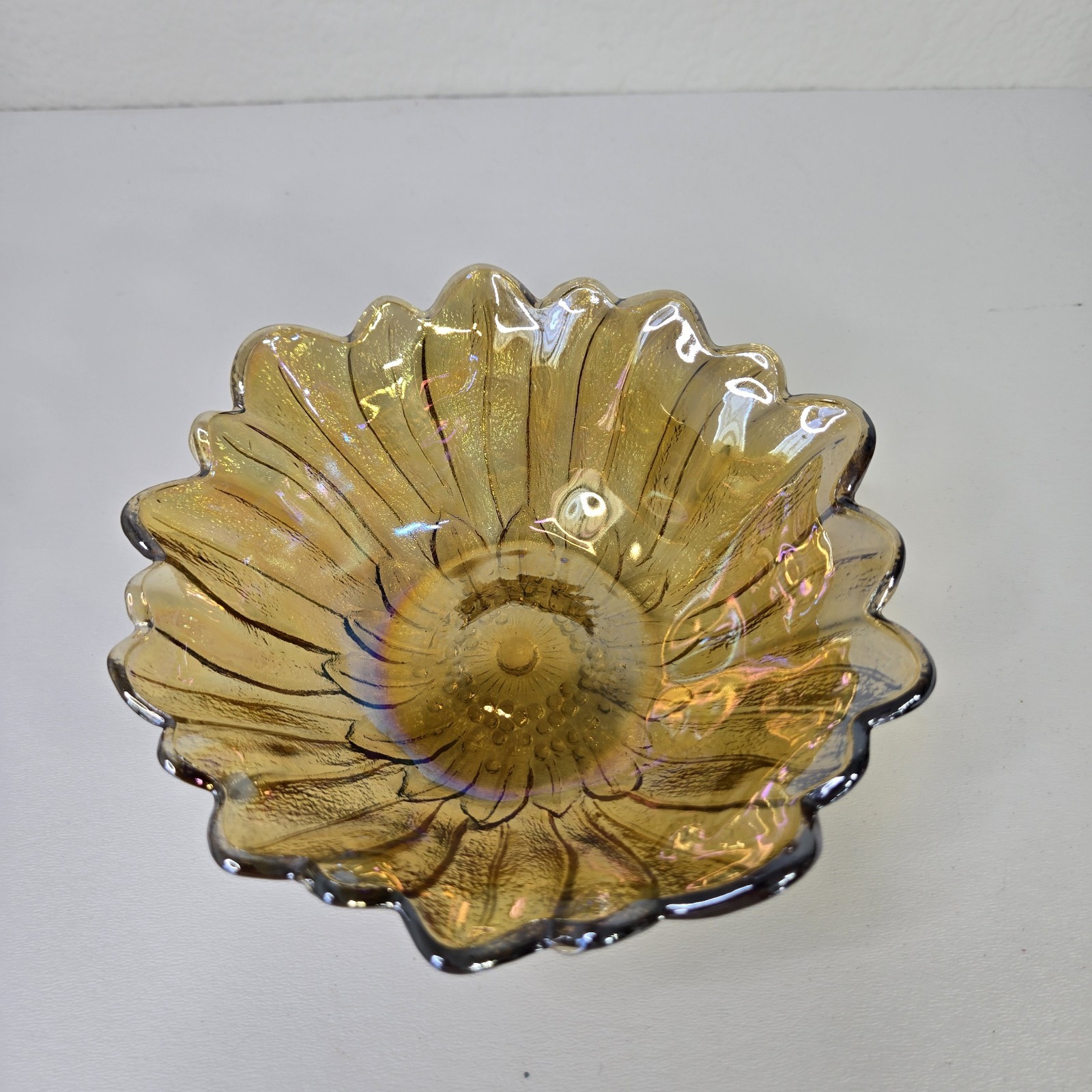Vintage Indiana Iridescent Carnival Glass Marigold Sunflower Candy/Trinket Dish
