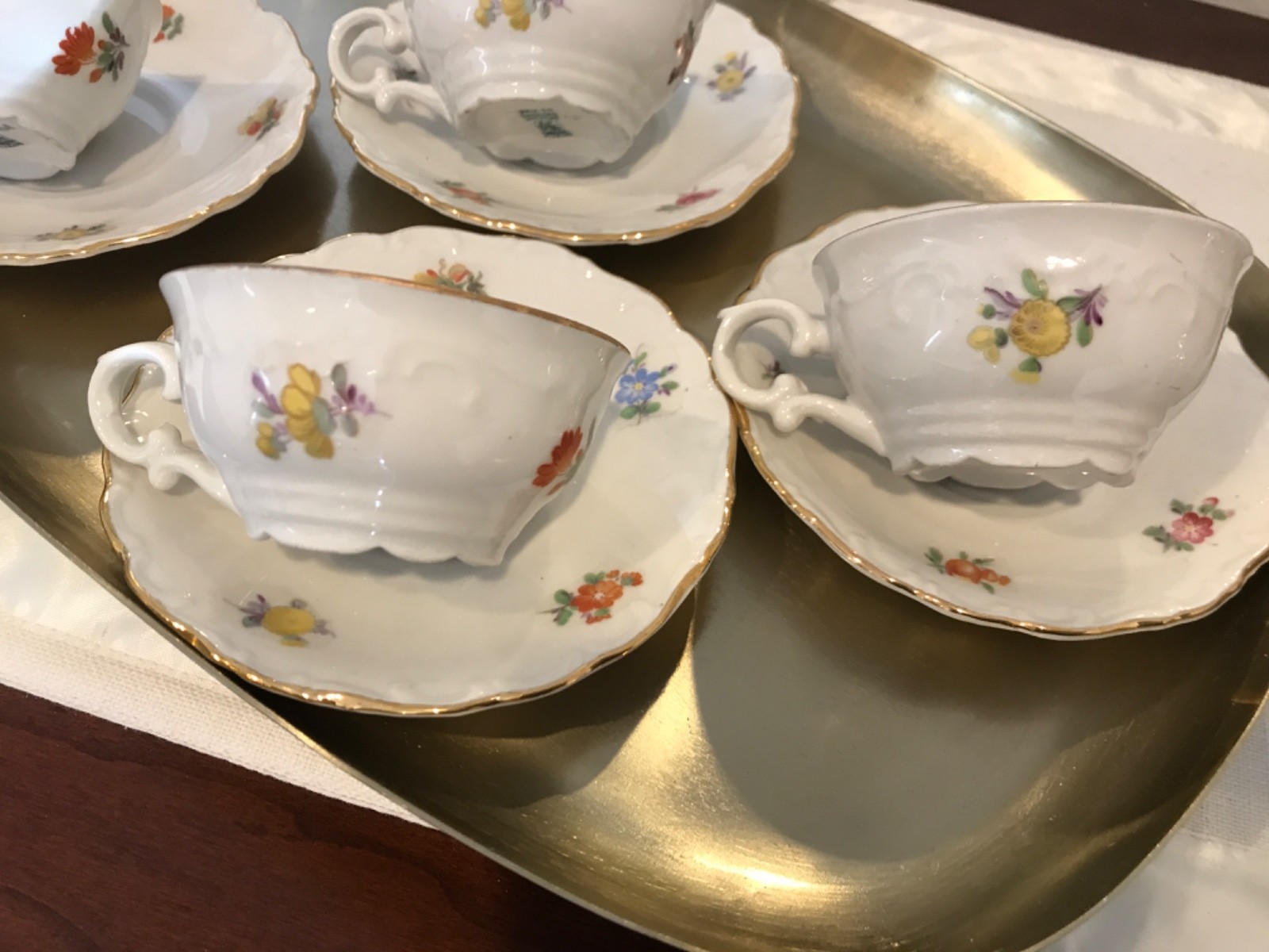 VTG Mitterteich Bavaria Meissen Floral Teacup & Saucer, Set of 4, Gold trim EUC