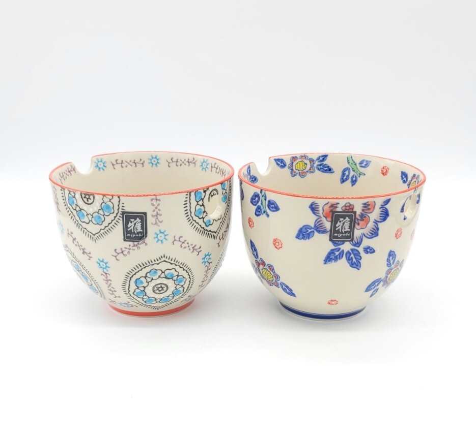 Pair Of Yokohama Studio Blue Pink Flowers Porcelain Bowls Hand Painted Japan