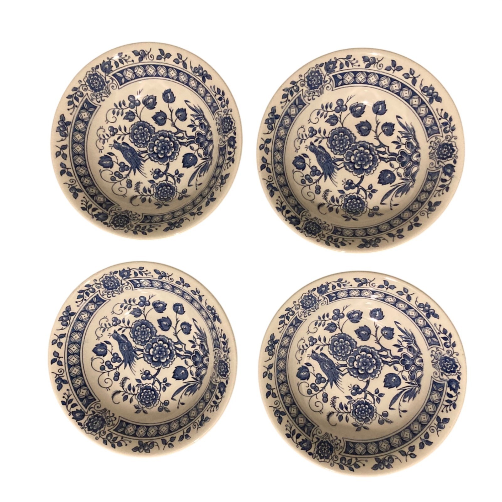 Vintage Broadhurst Staffordshire Ironstone Blue Nankin Bird Bowls Set of 4