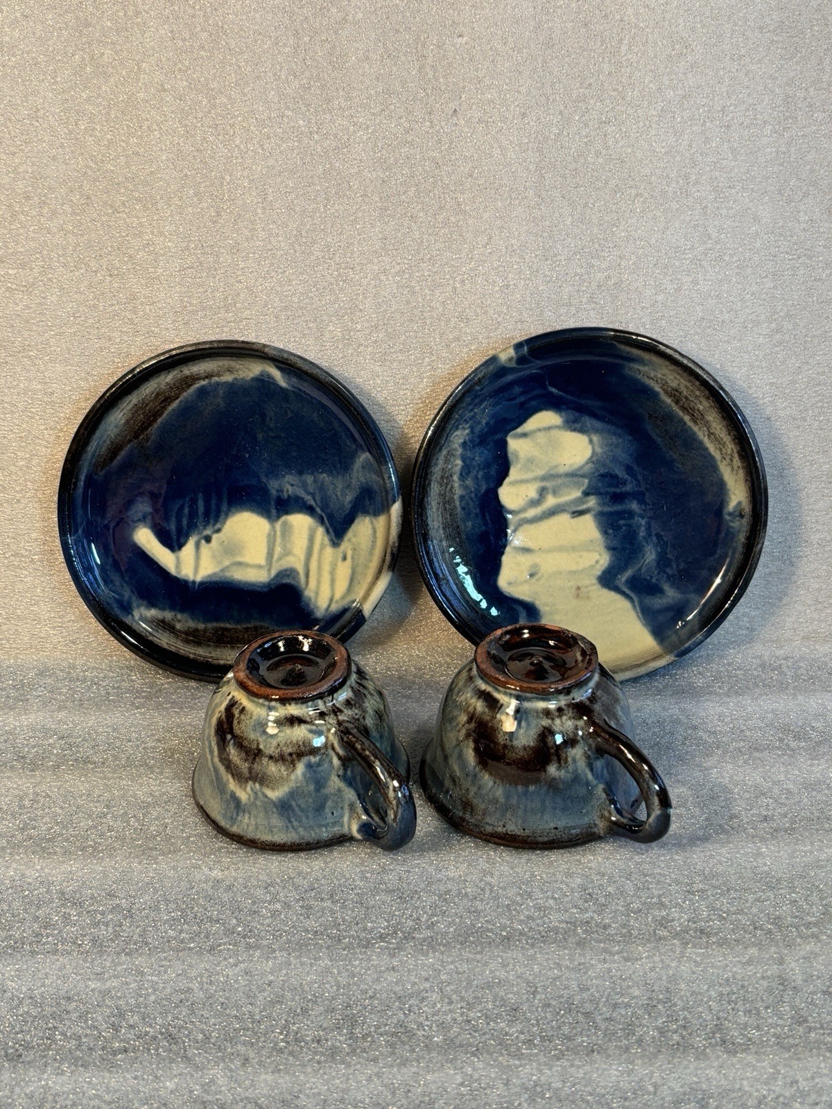 Studio Ceramic Pottery 2 cups & 2 Saucers Hand-Made Brown Blue Yellow