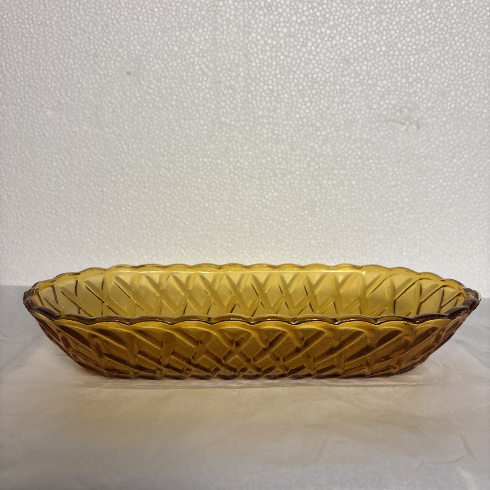 Amber Indiana Glass Oblong Celery Dish w/ raised basket weave design