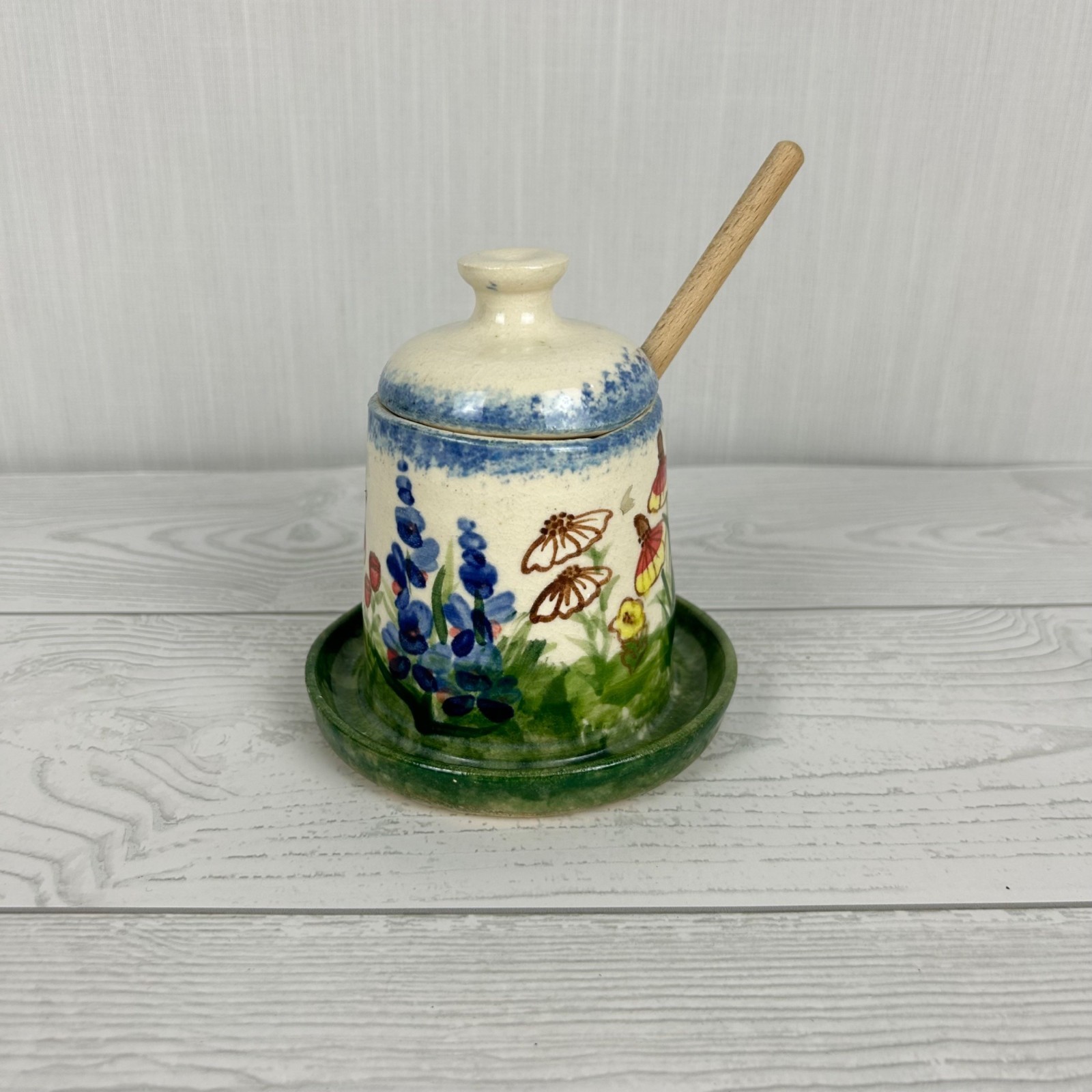 Handcrafted Ceramic Honey Pot Botanical Design Lid & Dipper Artist signed MDE