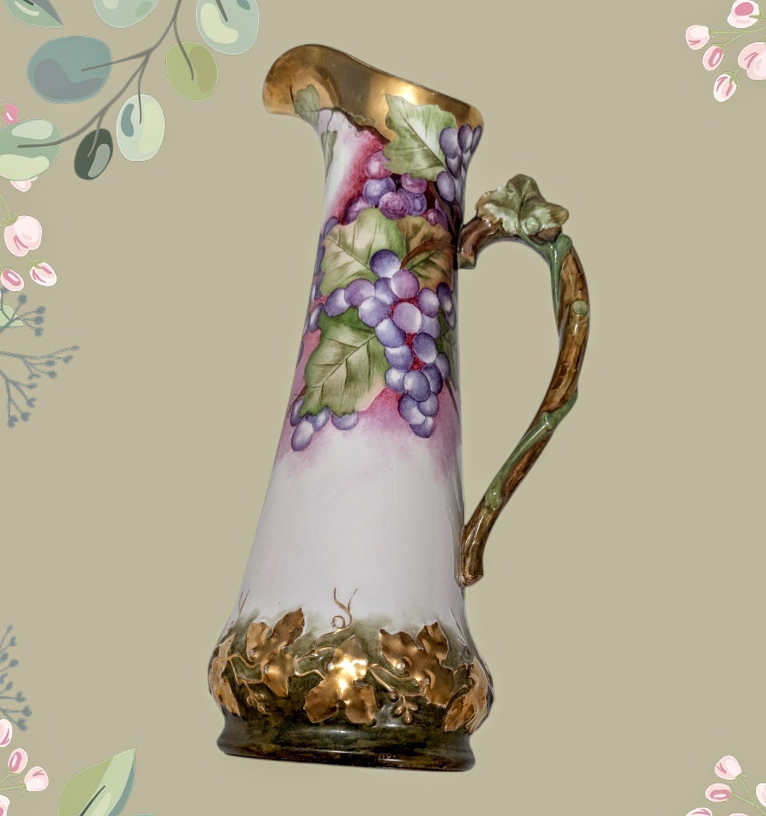 T&V LIMOGES Hand Painted Grapes & Gold Gilt Pitcher 15.5″ Tall Grape Vine Leaves