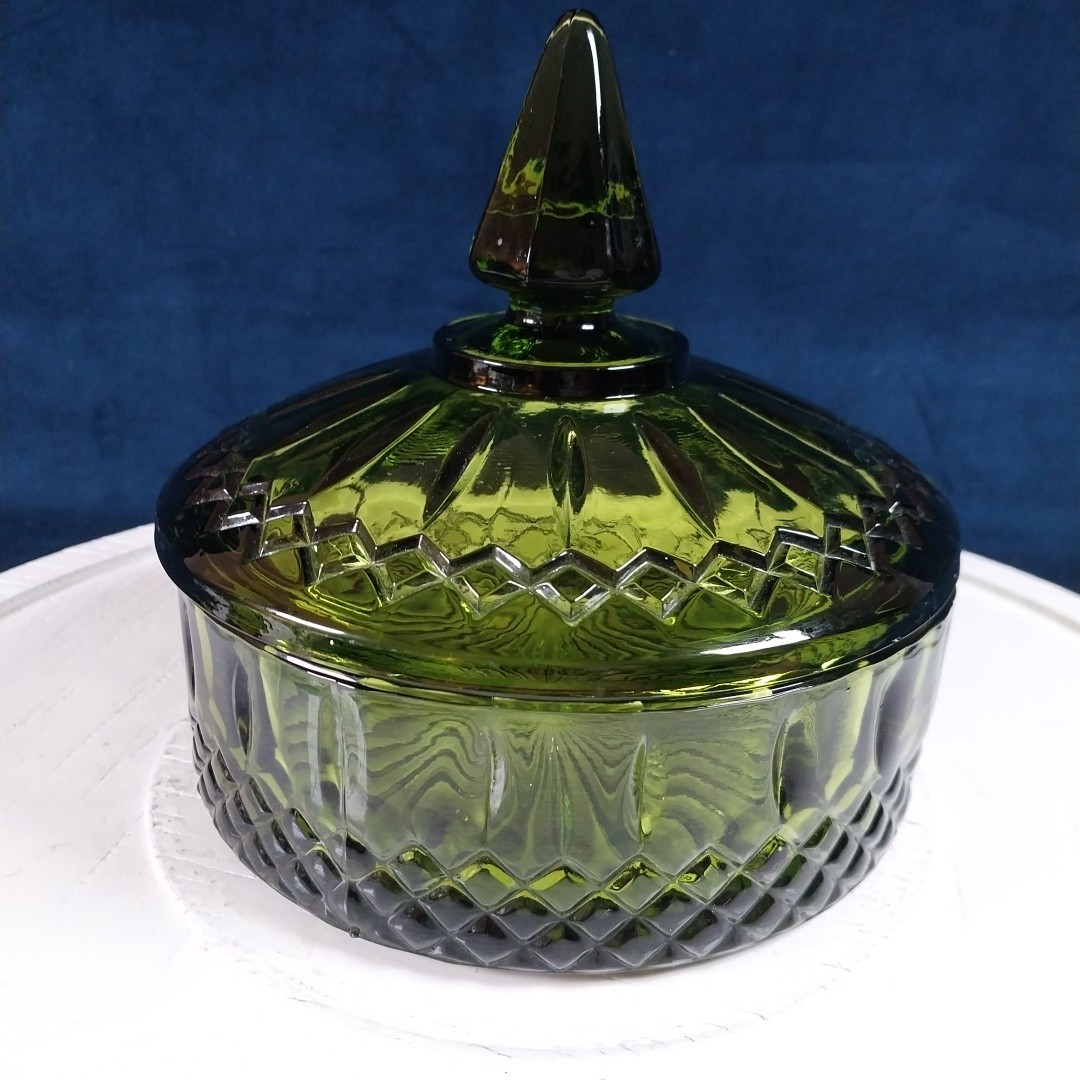 Vintage Indiana Glass Princess Pattern Dark Green Lidded Candy Dish
