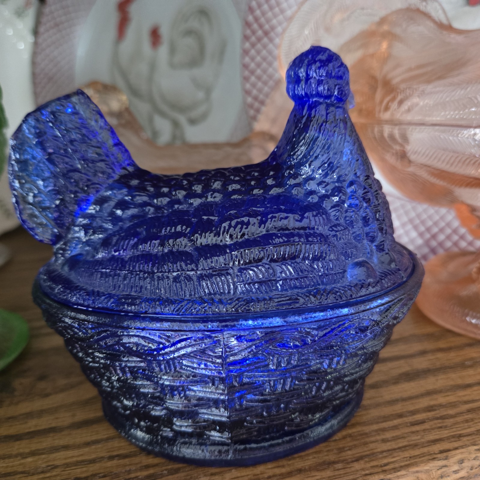 Hen on Nest Chicken Cobalt Blue Glass Style Dish 6 In Cottage Core Grandma Core