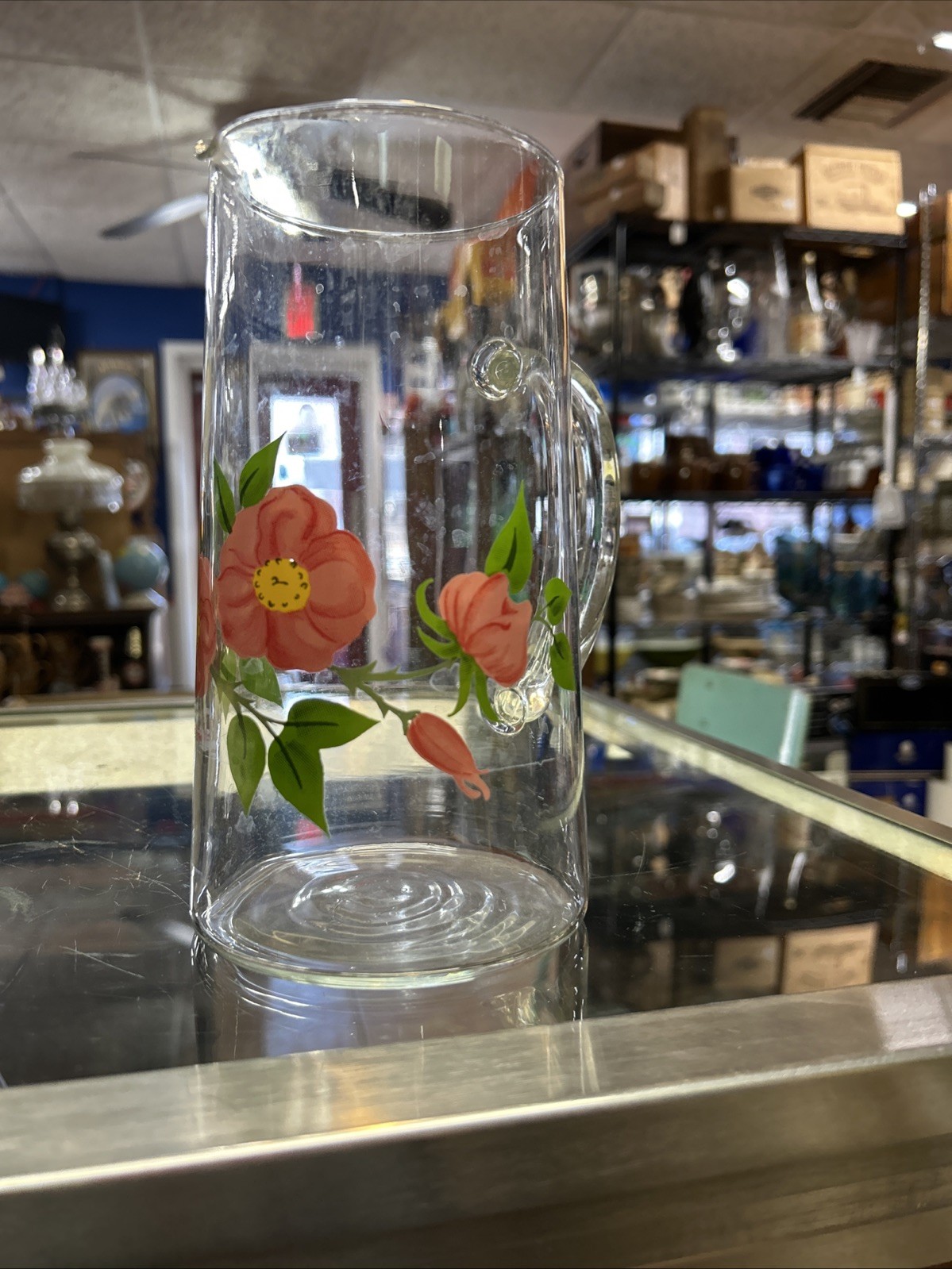 Vintage Franciscan Desert Rose Clear Glass Pink Flower 7.75 in Cocktail Pitcher