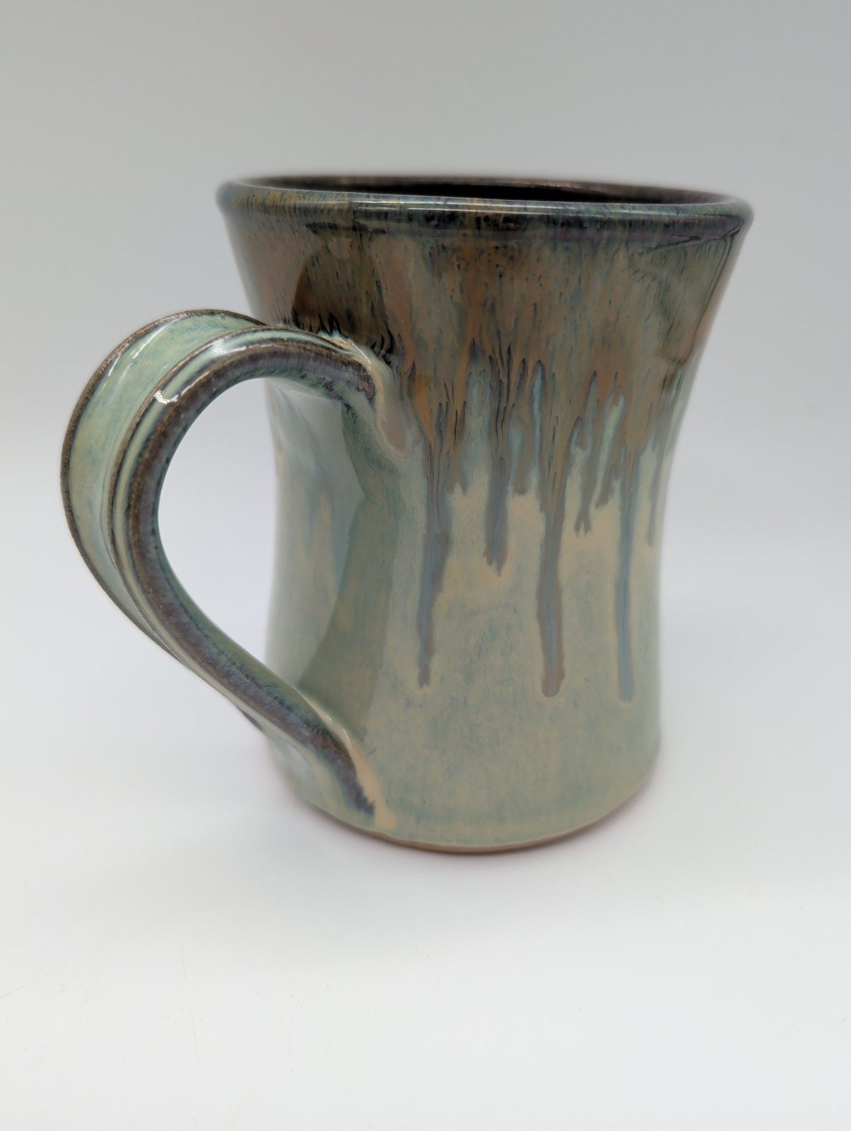 Studio Pottery Hand Thrown Stoneware Hourglass Mug Green Copper Drip Glaze